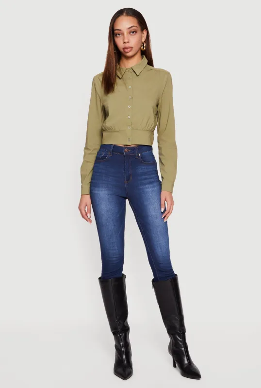 Cropped Long Sleeve Button Front Smocked Back Shirt sold by Rainbow