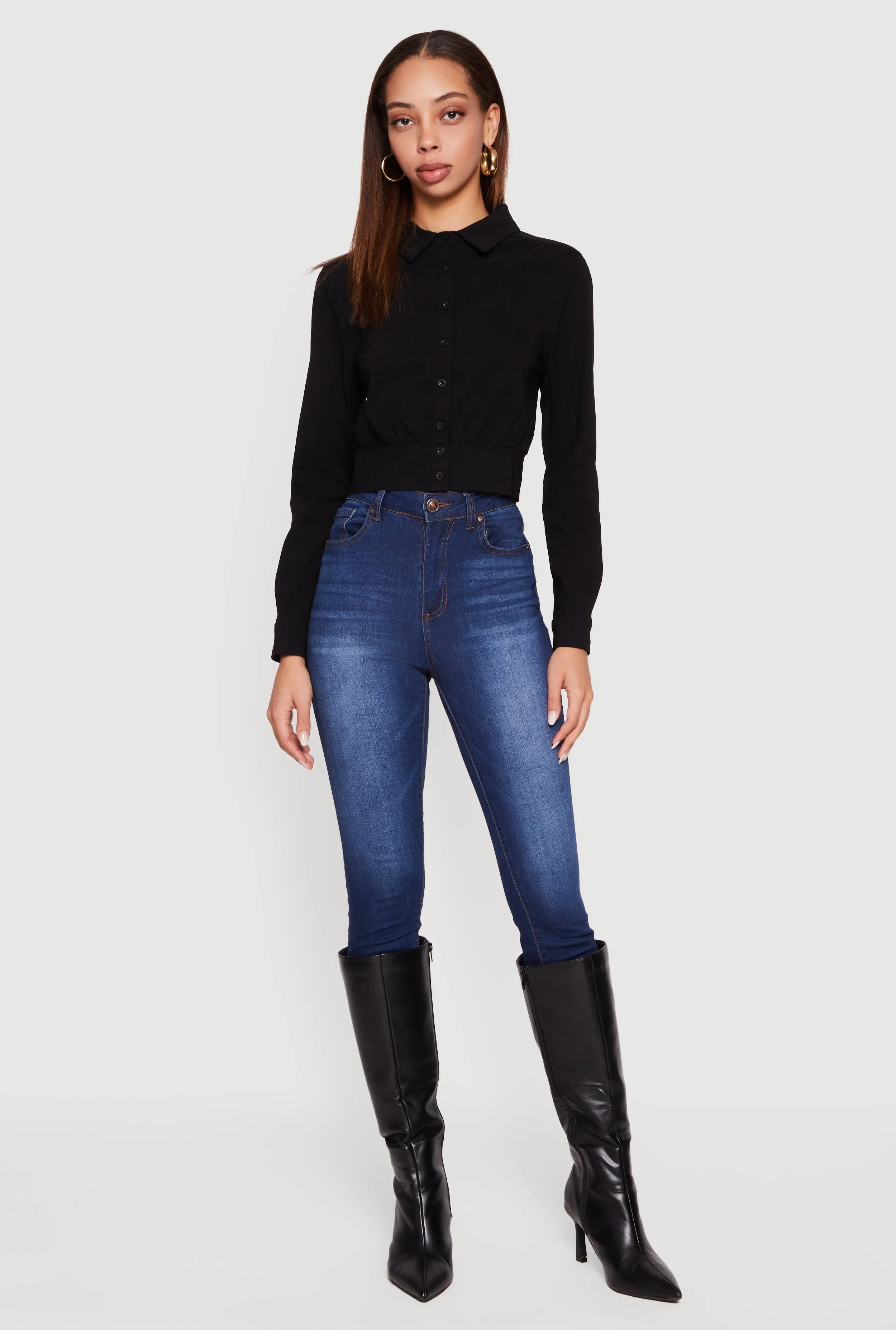 Cropped Long Sleeve Button Front Smocked Back Shirt sold by Rainbow product image thumbnail 3