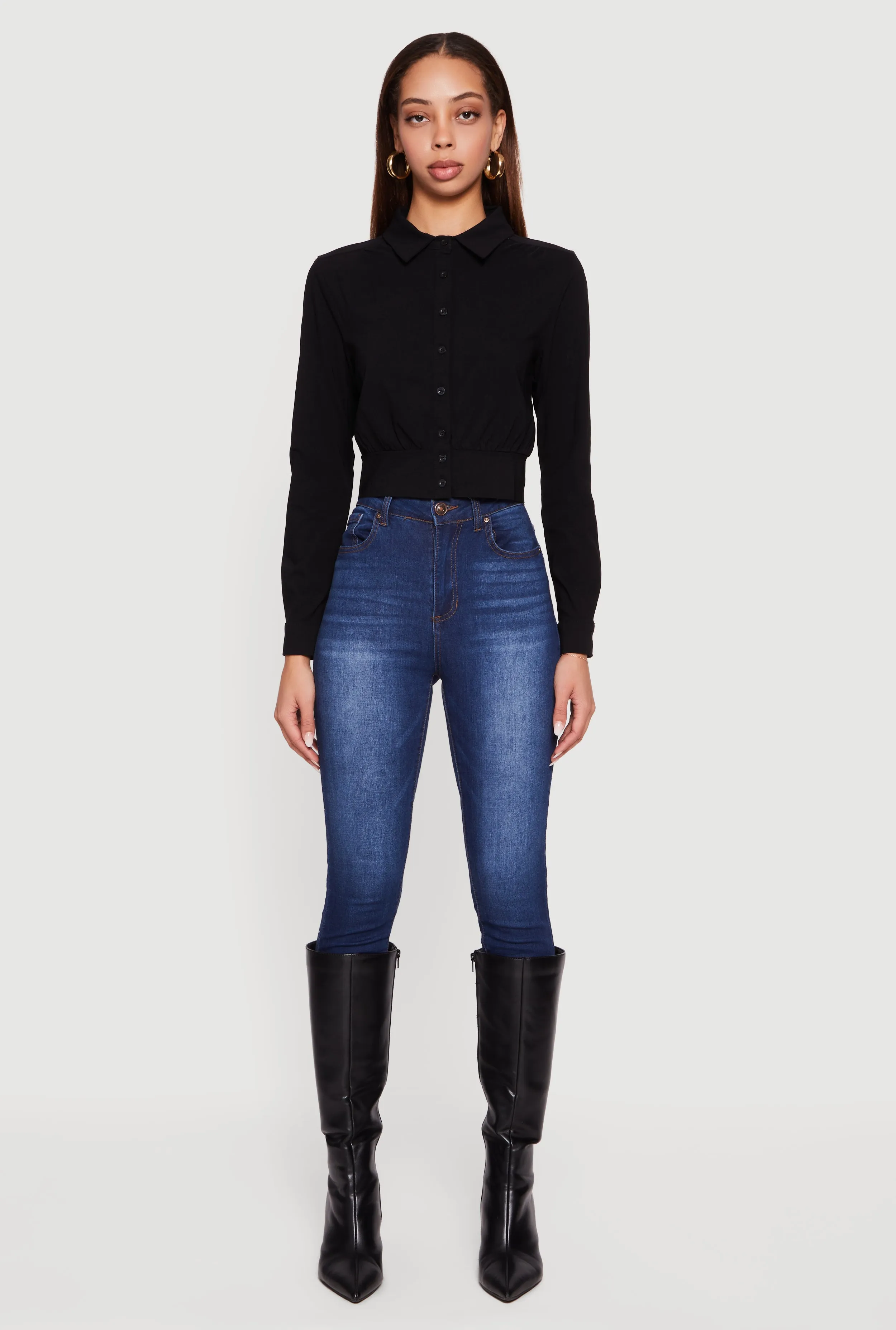 Cropped Long Sleeve Button Front Smocked Back Shirt sold by Rainbow