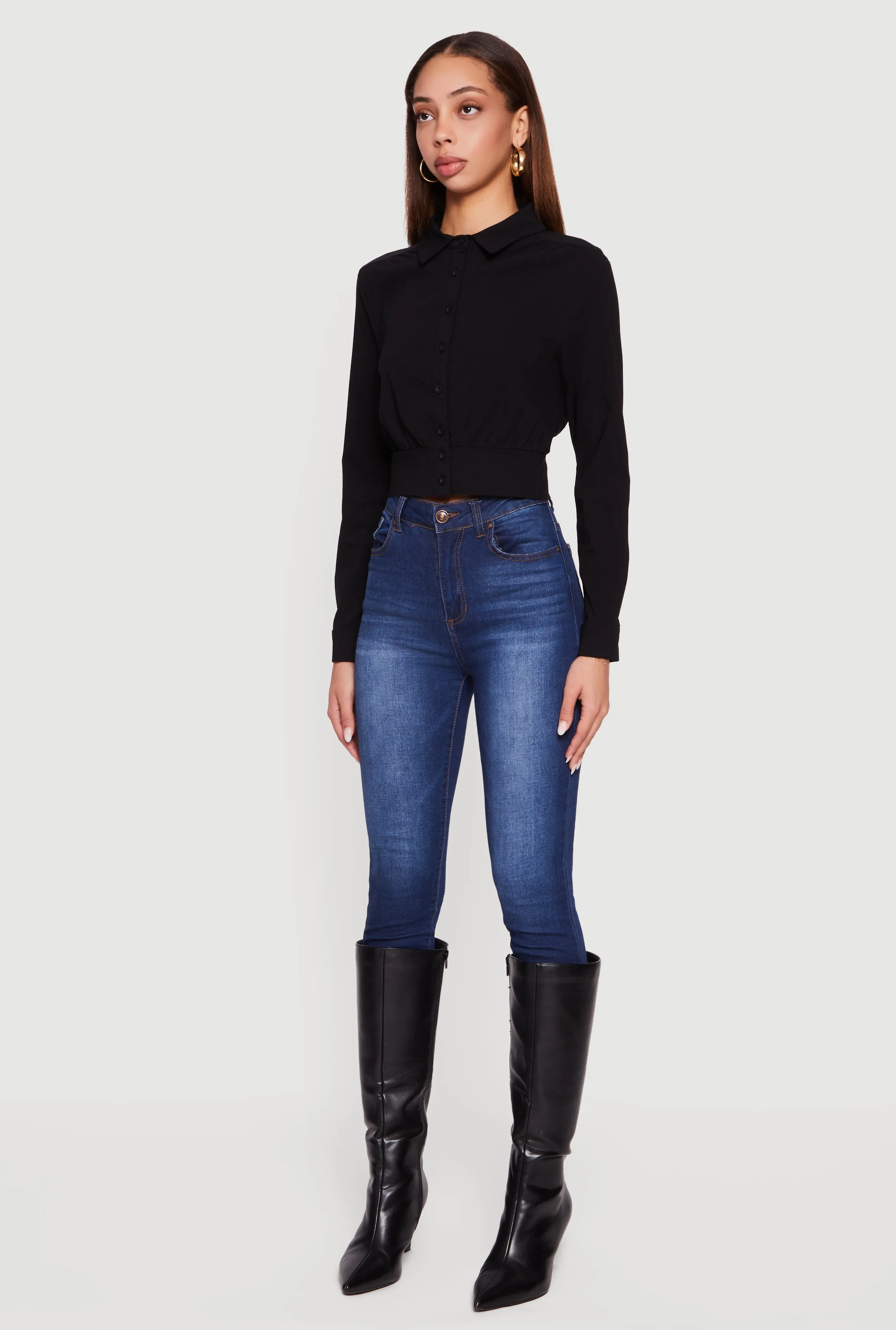 Cropped Long Sleeve Button Front Smocked Back Shirt sold by Rainbow product image thumbnail 5