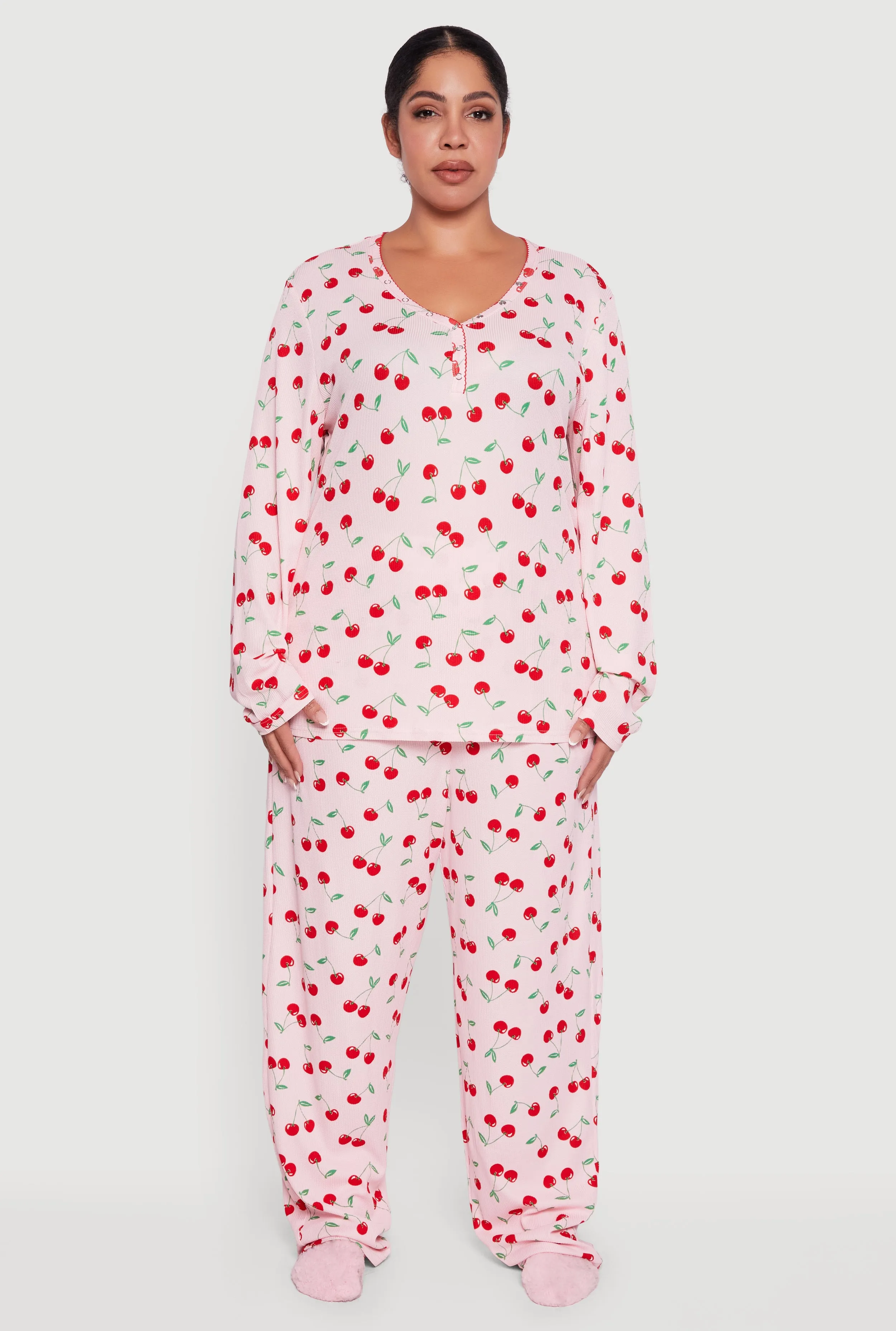 Plus Size Cherry Print Waffle Knit Henley Pajama Gift Set sold by Rainbow product image thumbnail 3