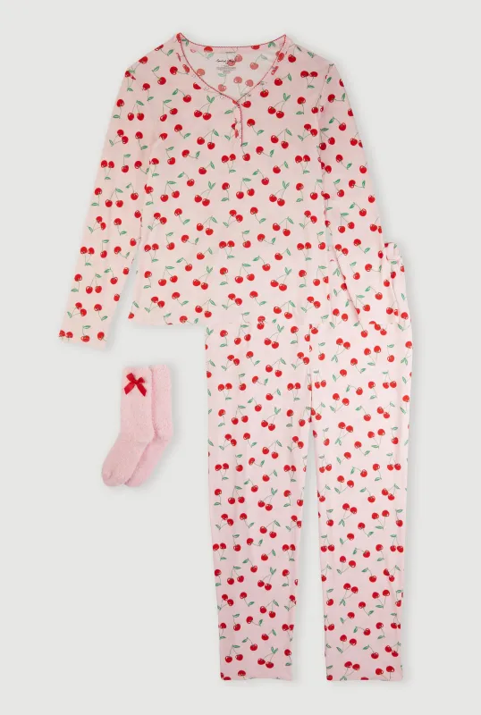 Plus Size Cherry Print Waffle Knit Henley Pajama Gift Set sold by Rainbow