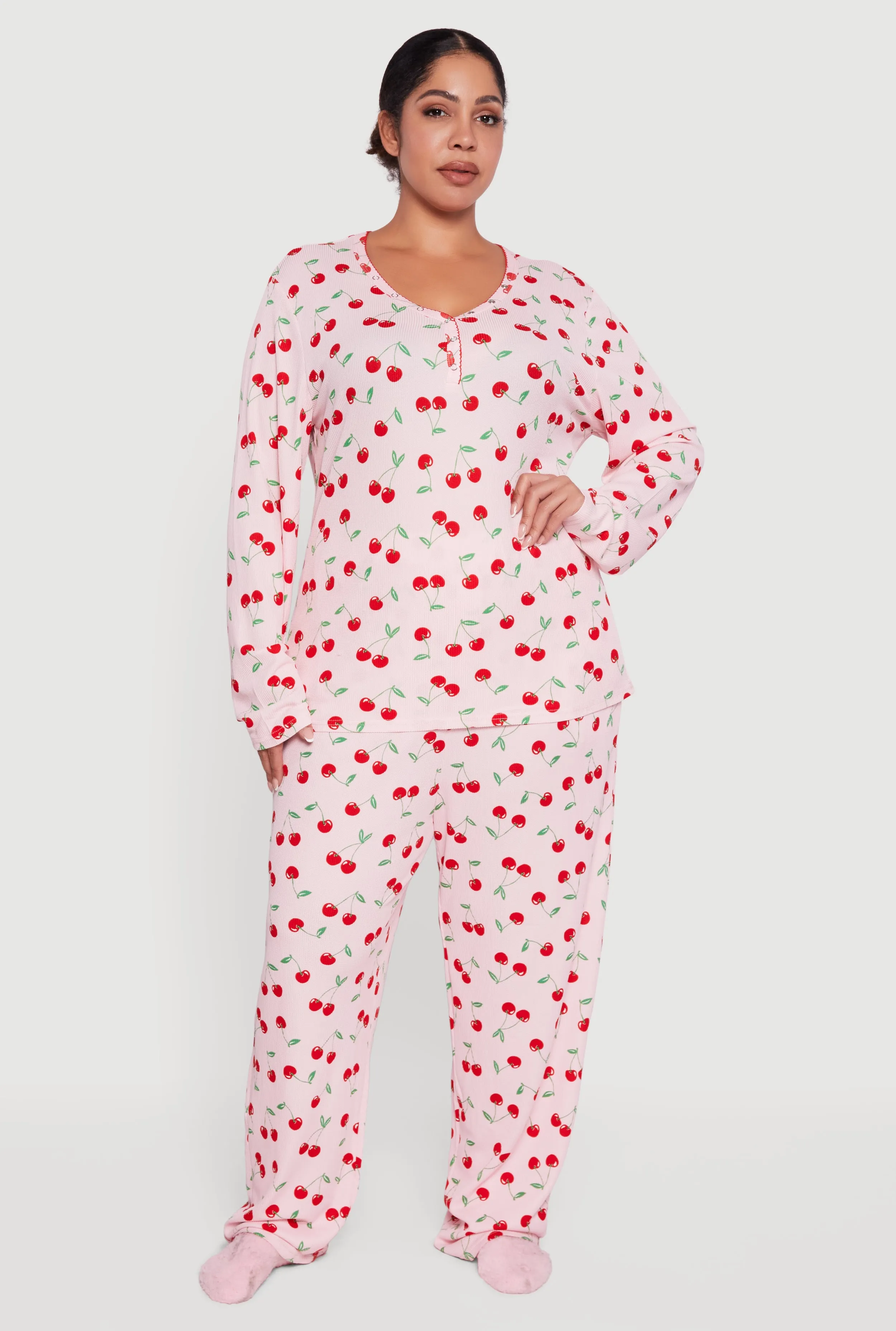 Plus Size Cherry Print Waffle Knit Henley Pajama Gift Set sold by Rainbow product image thumbnail 2