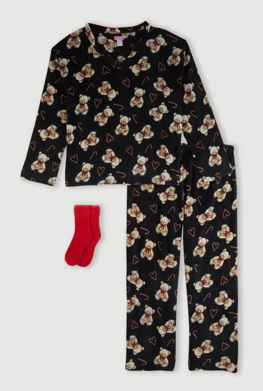 Plus Size Teddy Bear Holiday Print Plush Pajama Gift Set sold by Rainbow