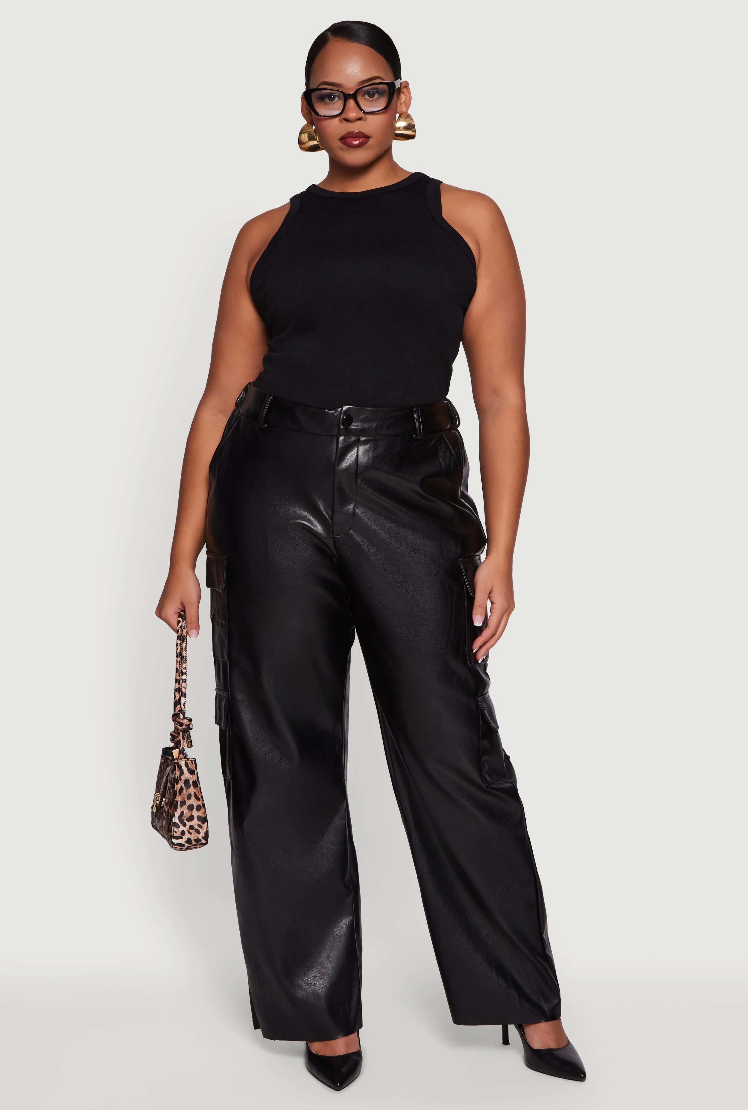 Plus Size High Waisted Wide Leg Faux Leather Cargo Pants sold by Rainbow