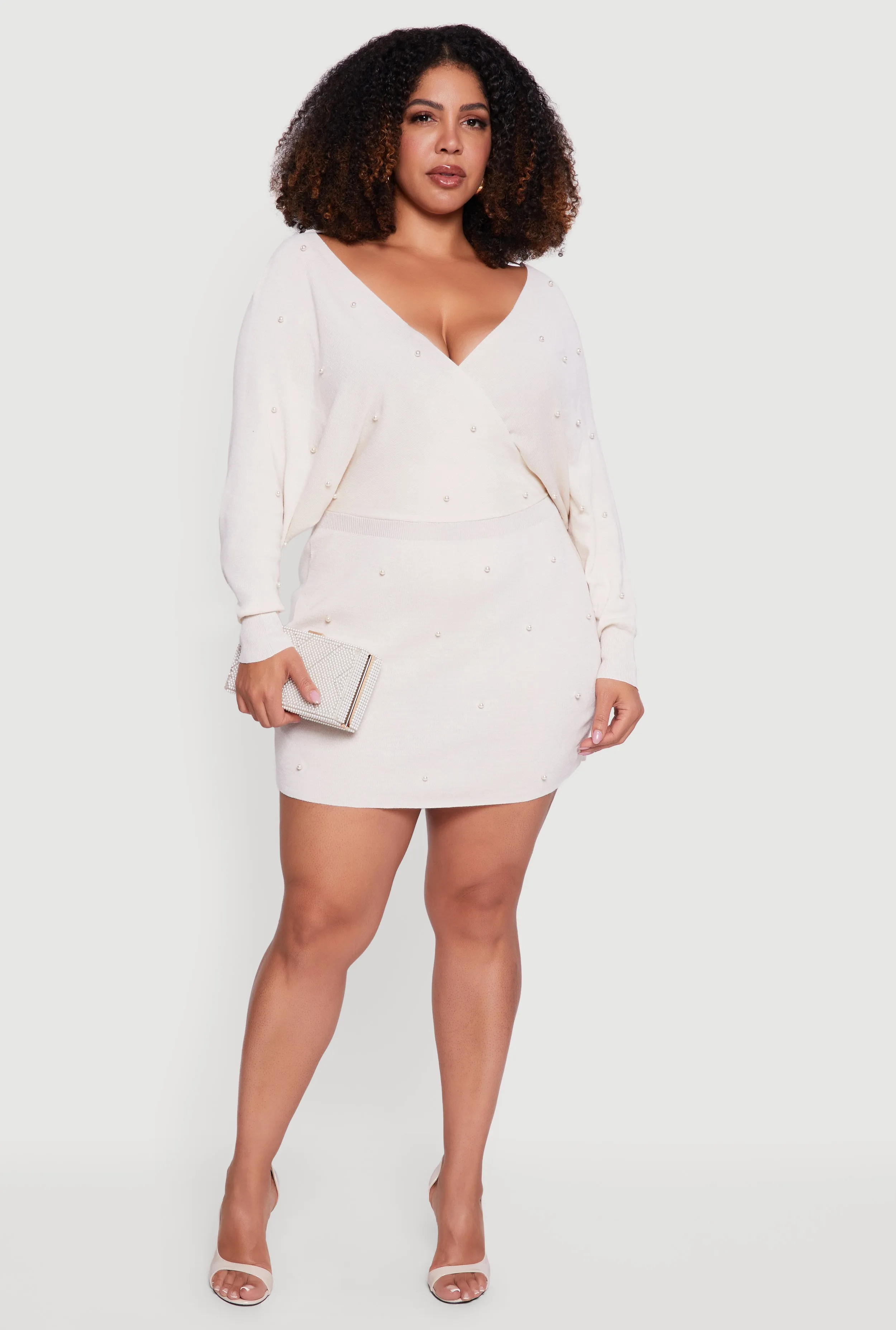 Plus Size Faux Pearl Studded Faux Wrap Sweater Dress sold by Rainbow
