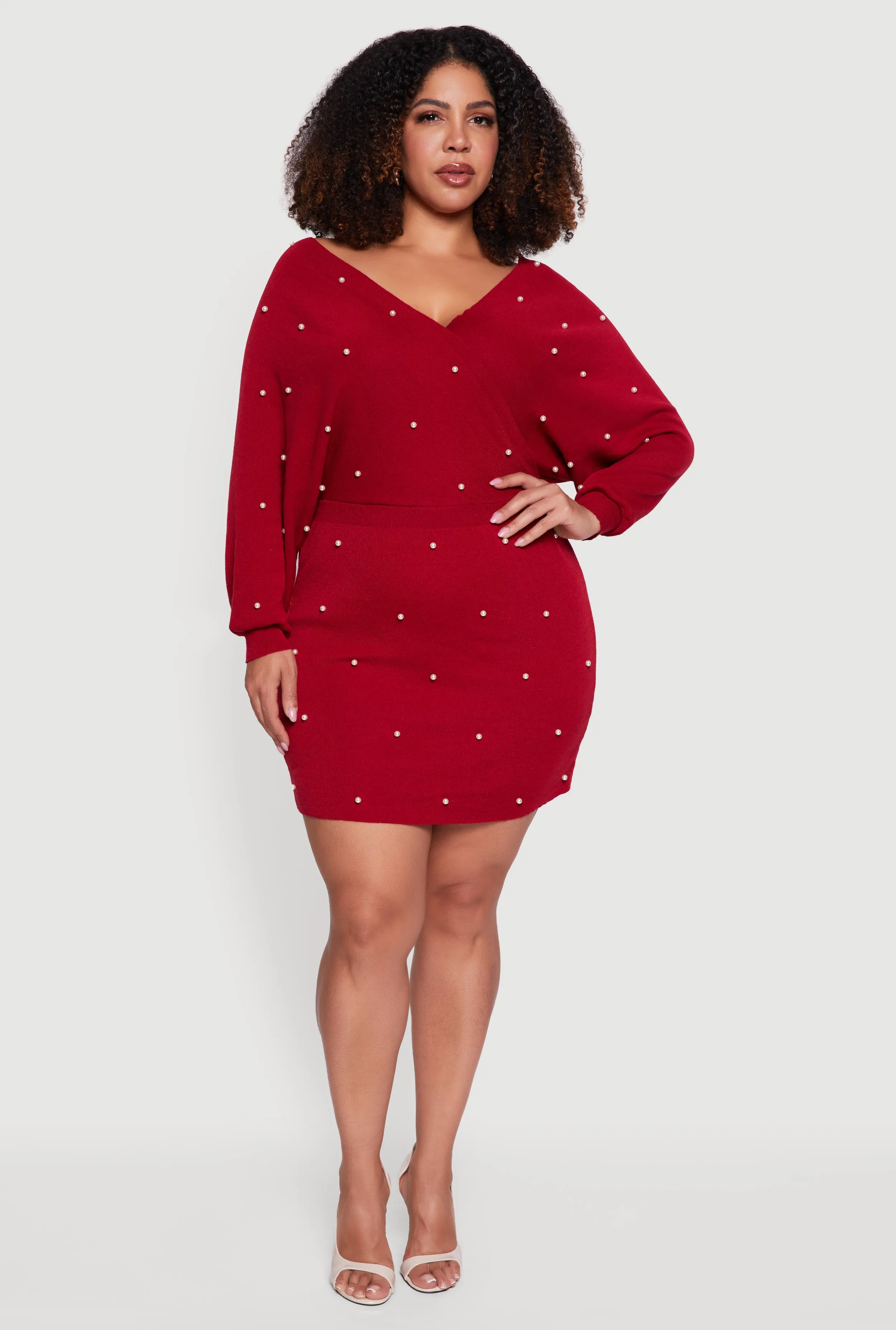 Plus Size Faux Pearl Studded Faux Wrap Sweater Dress sold by Rainbow product image thumbnail 3