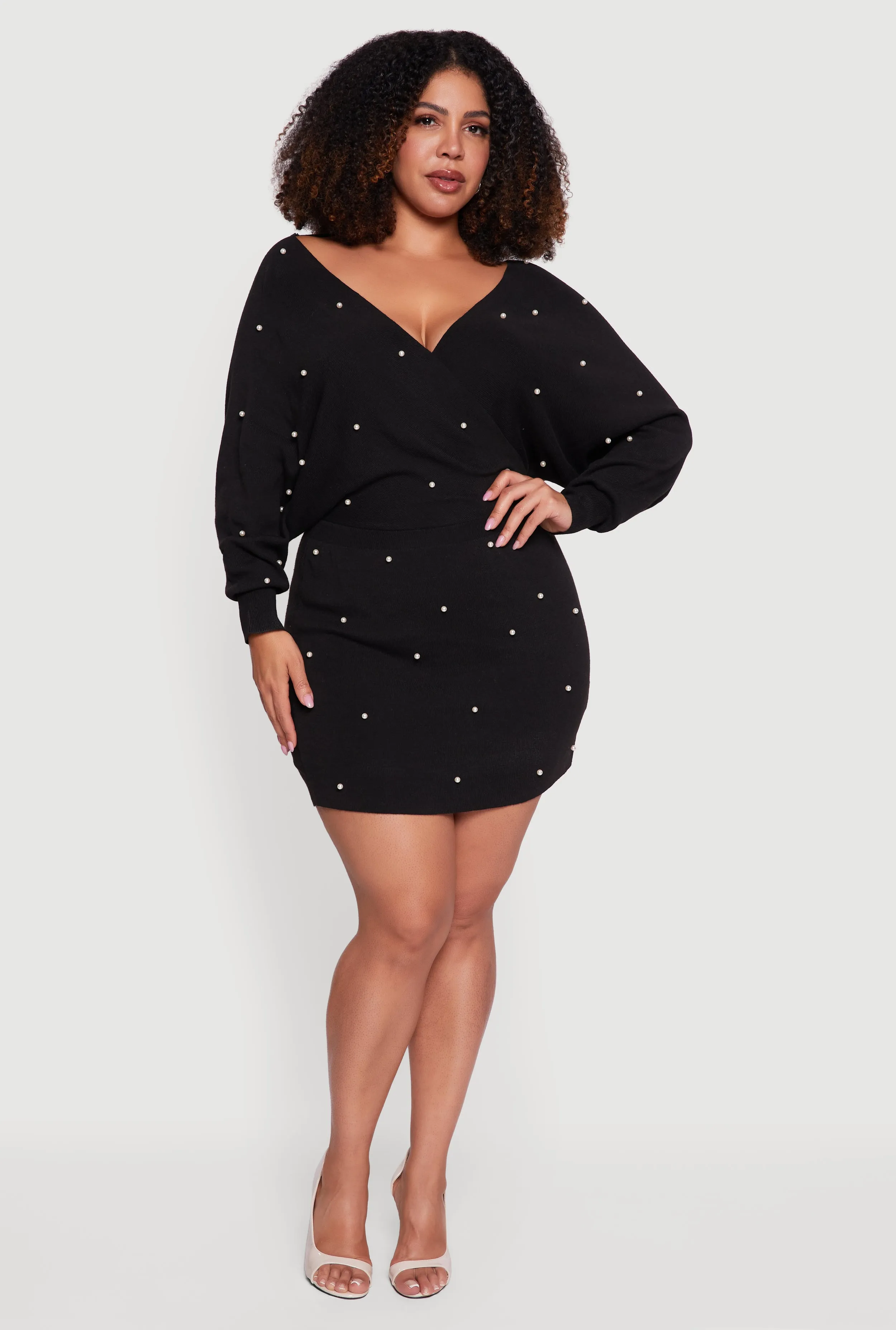 Plus Size Faux Pearl Studded Faux Wrap Sweater Dress sold by Rainbow product image thumbnail 2