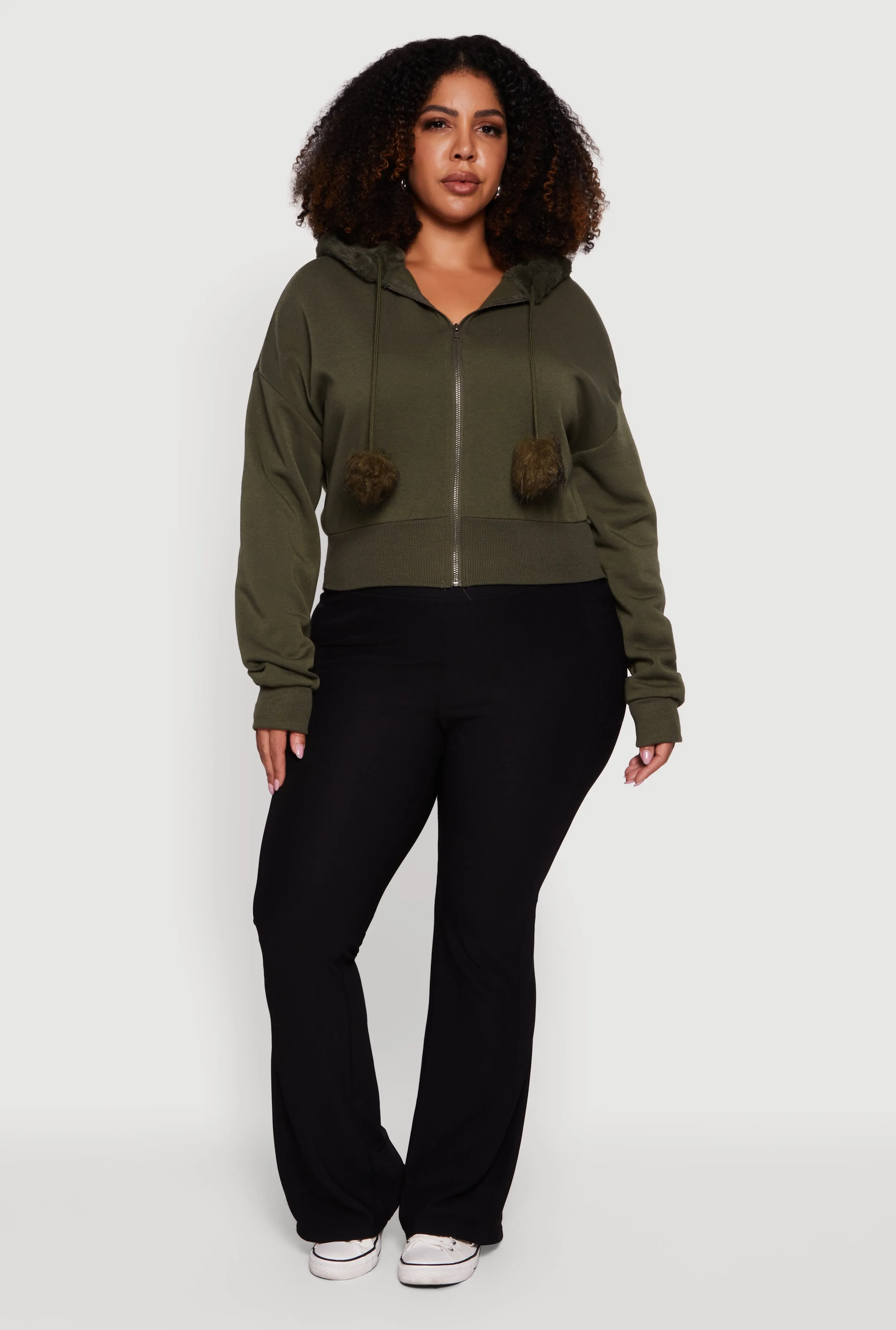 Plus Size Pom Pom Drawstring Zip Front Hoodie sold by Rainbow product image thumbnail 3