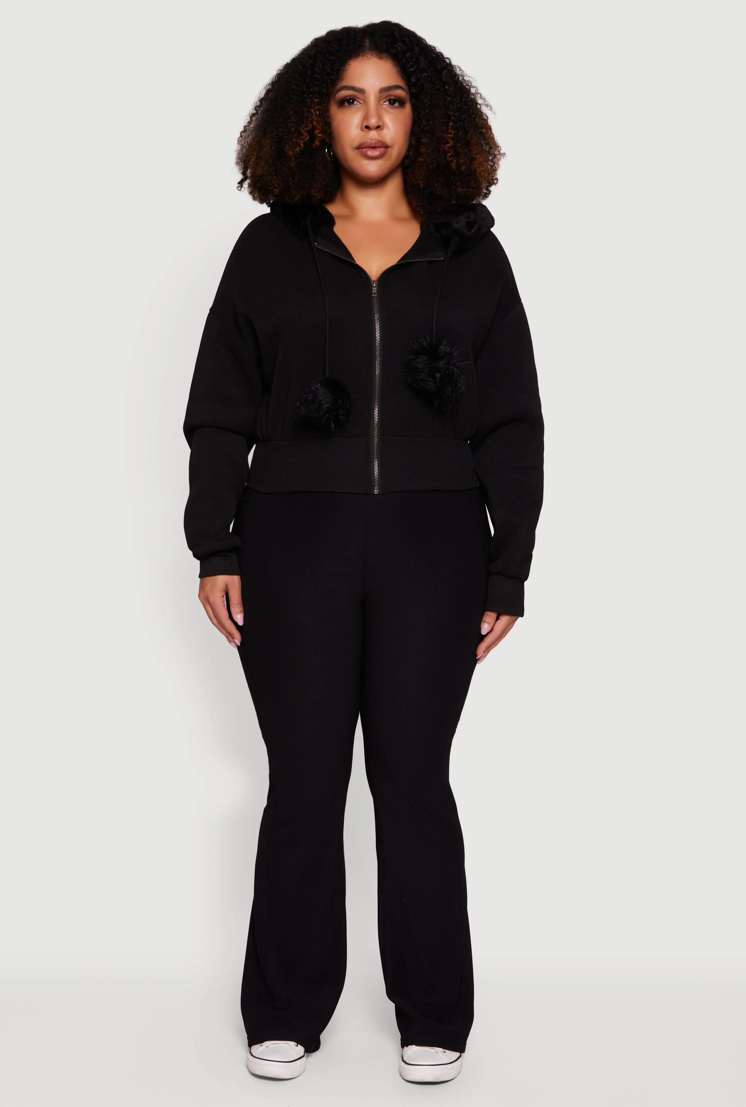 Plus Size Pom Pom Drawstring Zip Front Hoodie sold by Rainbow
