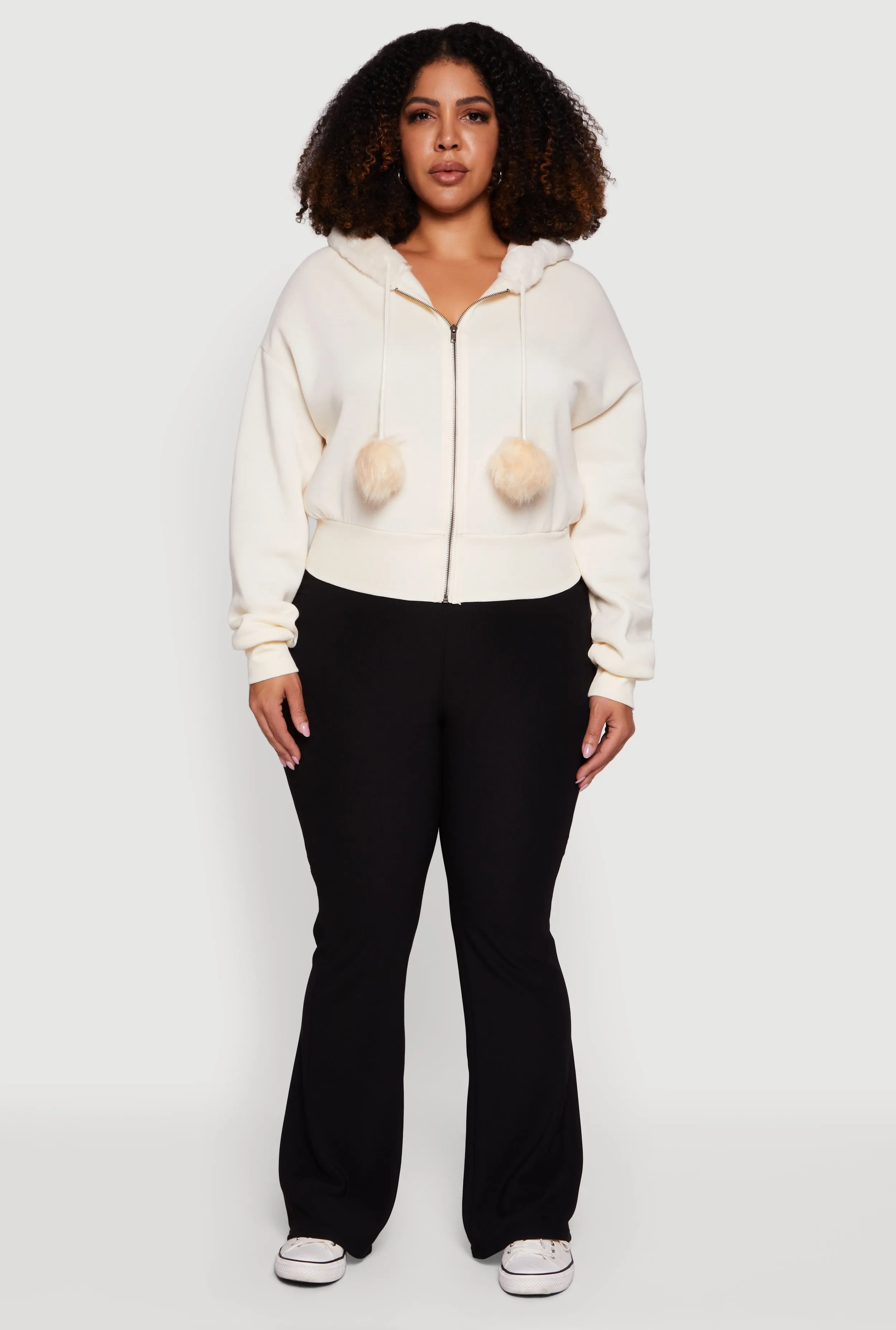 Plus Size Pom Pom Drawstring Zip Front Hoodie sold by Rainbow product image thumbnail 2