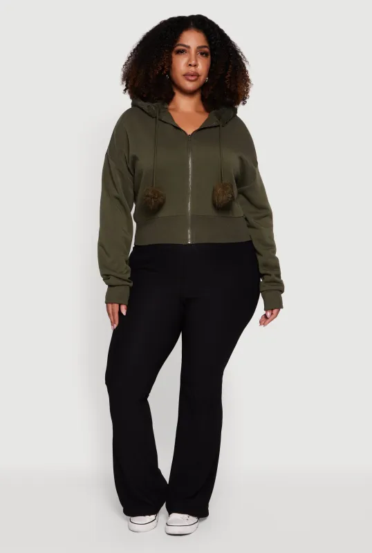 Plus Size Pom Pom Drawstring Zip Front Hoodie sold by Rainbow