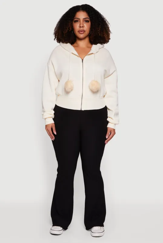 Plus Size Pom Pom Drawstring Zip Front Hoodie sold by Rainbow
