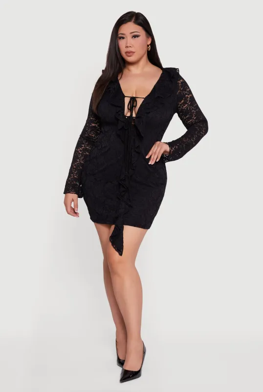 Plus Size Floral Lace Ruffle Trim Tie Front Mini Dress sold by Rainbow