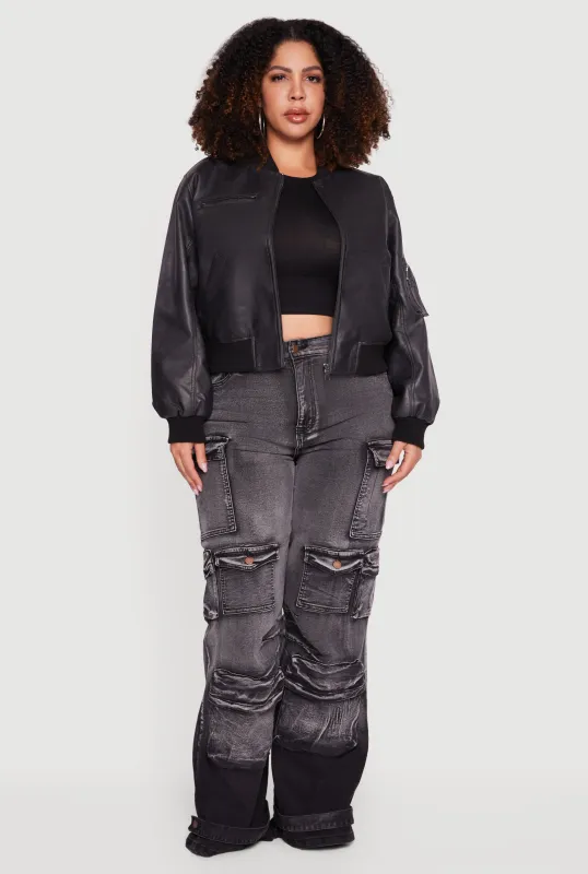 Plus Size Faux Leather Collared Zip Front Bomber Jacket sold by Rainbow