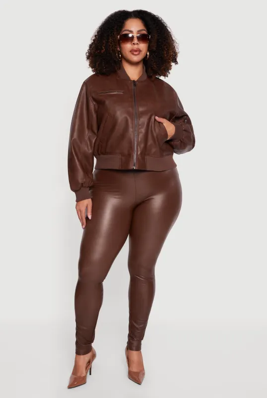 Plus Size Faux Leather Collared Zip Front Bomber Jacket sold by Rainbow
