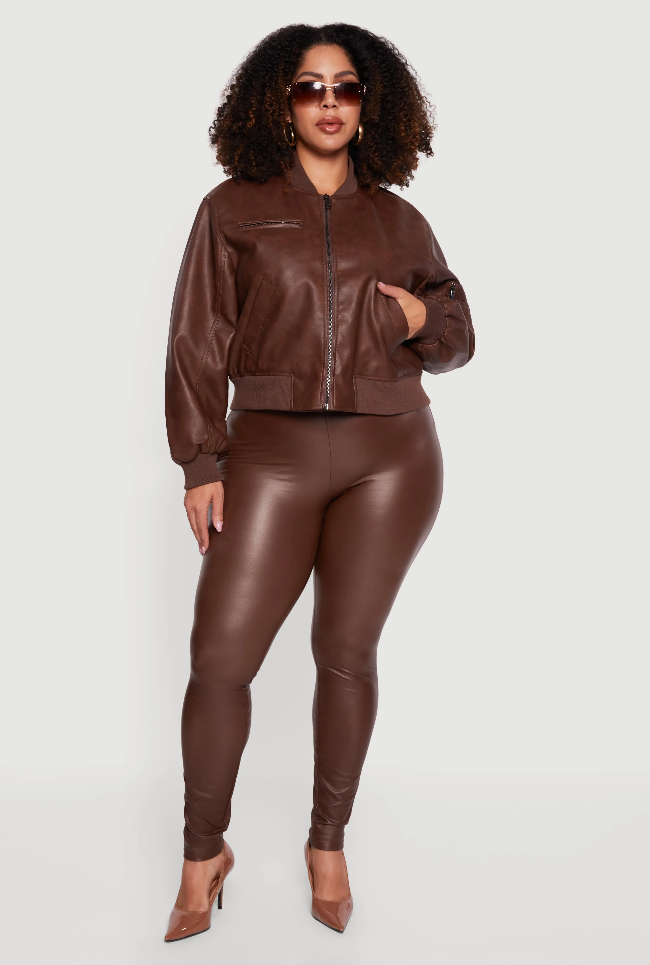 Plus Size Faux Leather Collared Zip Front Bomber Jacket sold by Rainbow