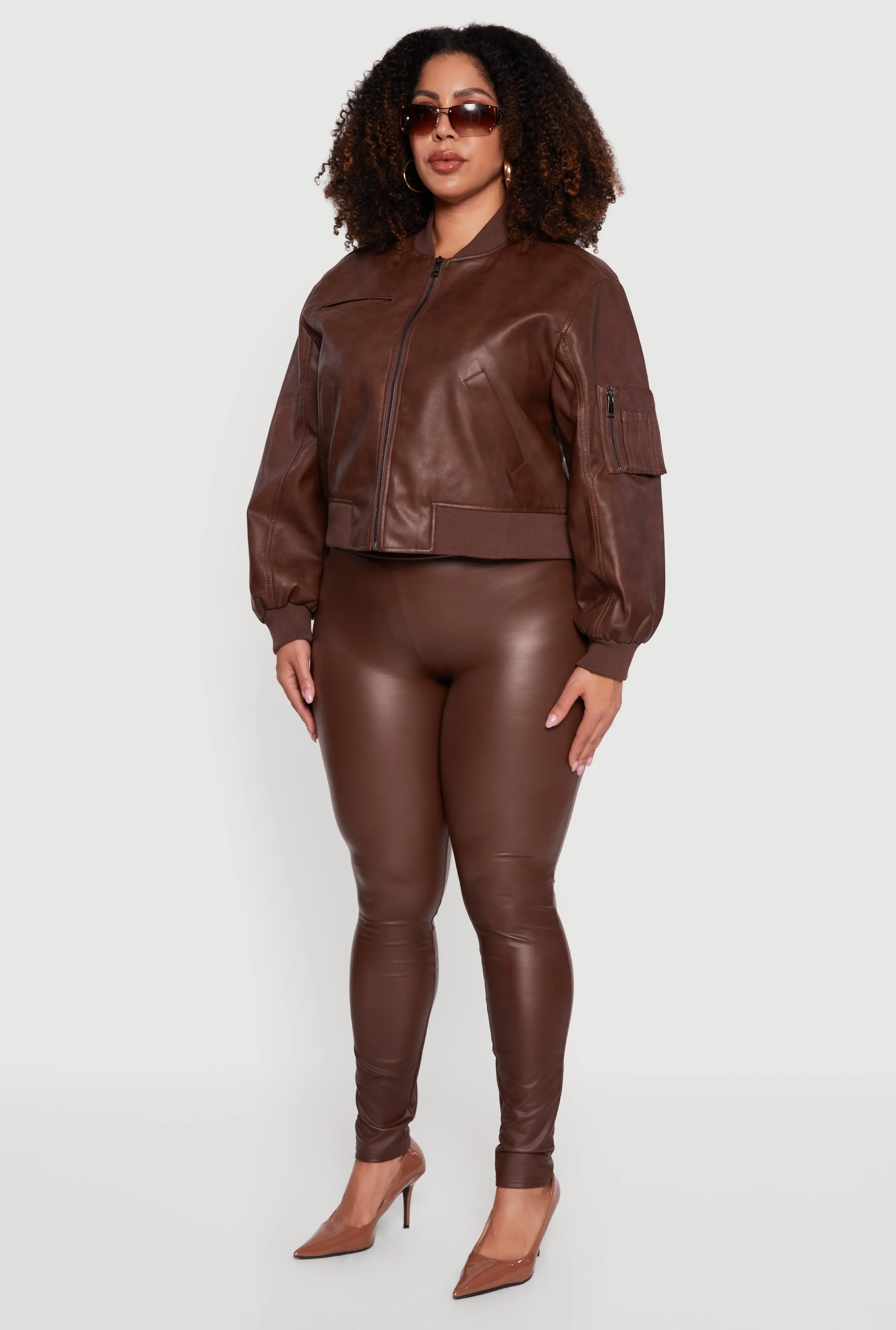 Plus Size Faux Leather Collared Zip Front Bomber Jacket sold by Rainbow product image thumbnail 5