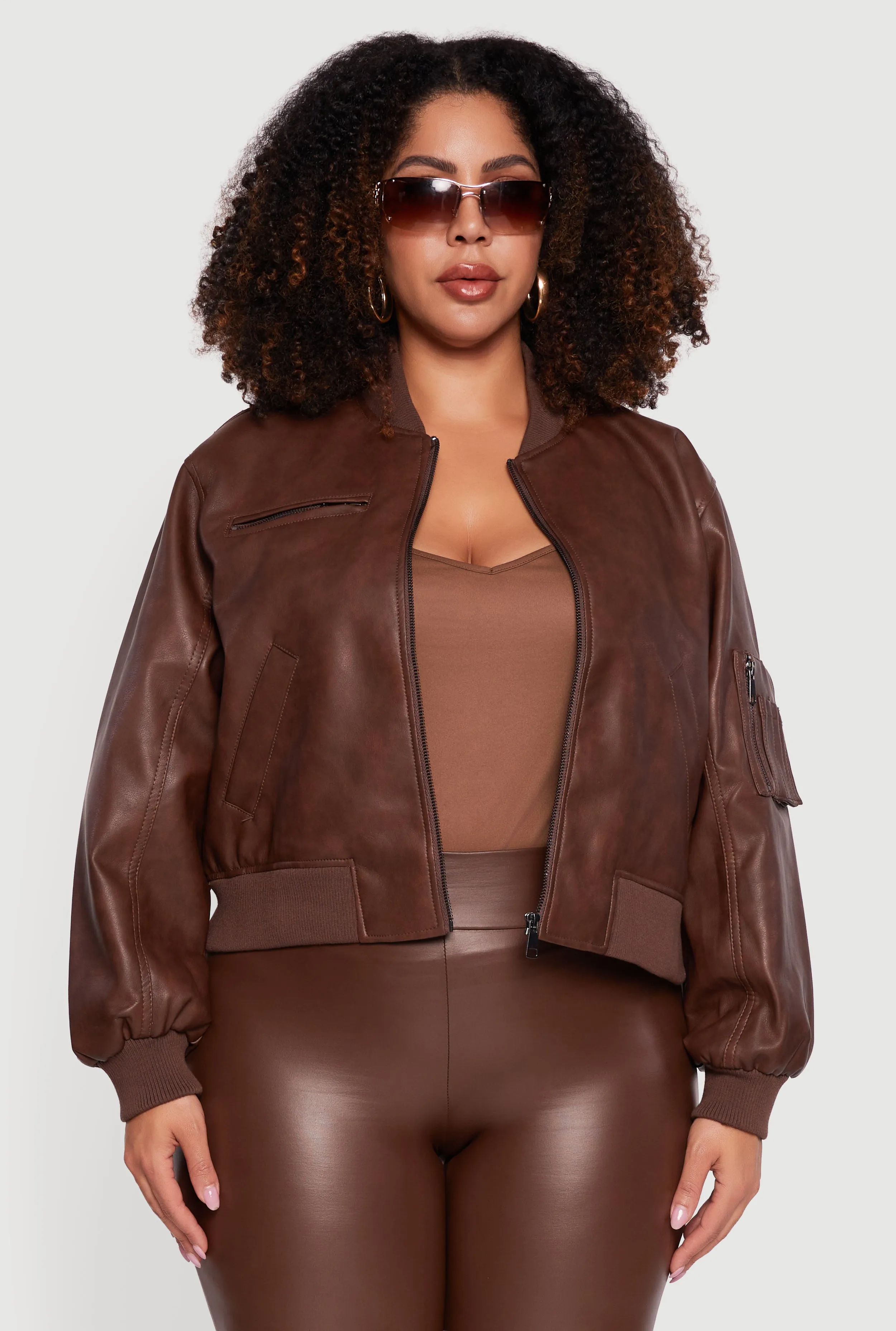 Plus Size Faux Leather Collared Zip Front Bomber Jacket sold by Rainbow product image thumbnail 2