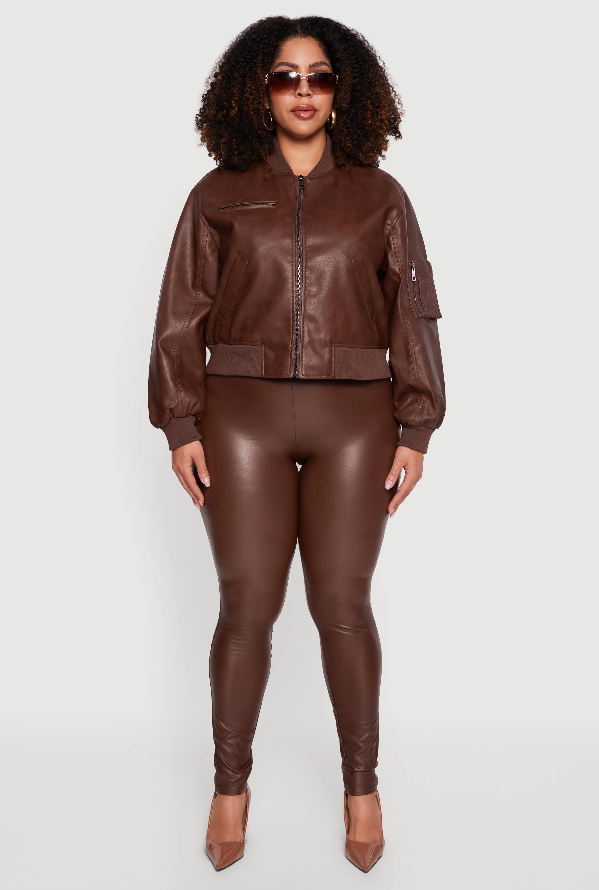 Plus Size Faux Leather Collared Zip Front Bomber Jacket sold by Rainbow product image thumbnail 3
