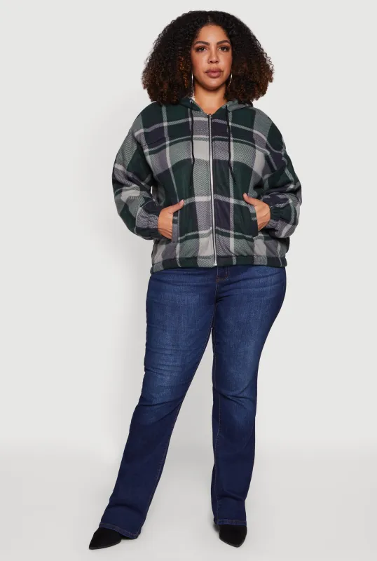 Plus Size Hooded Zip Front Plaid Sherpa Shacket sold by Rainbow