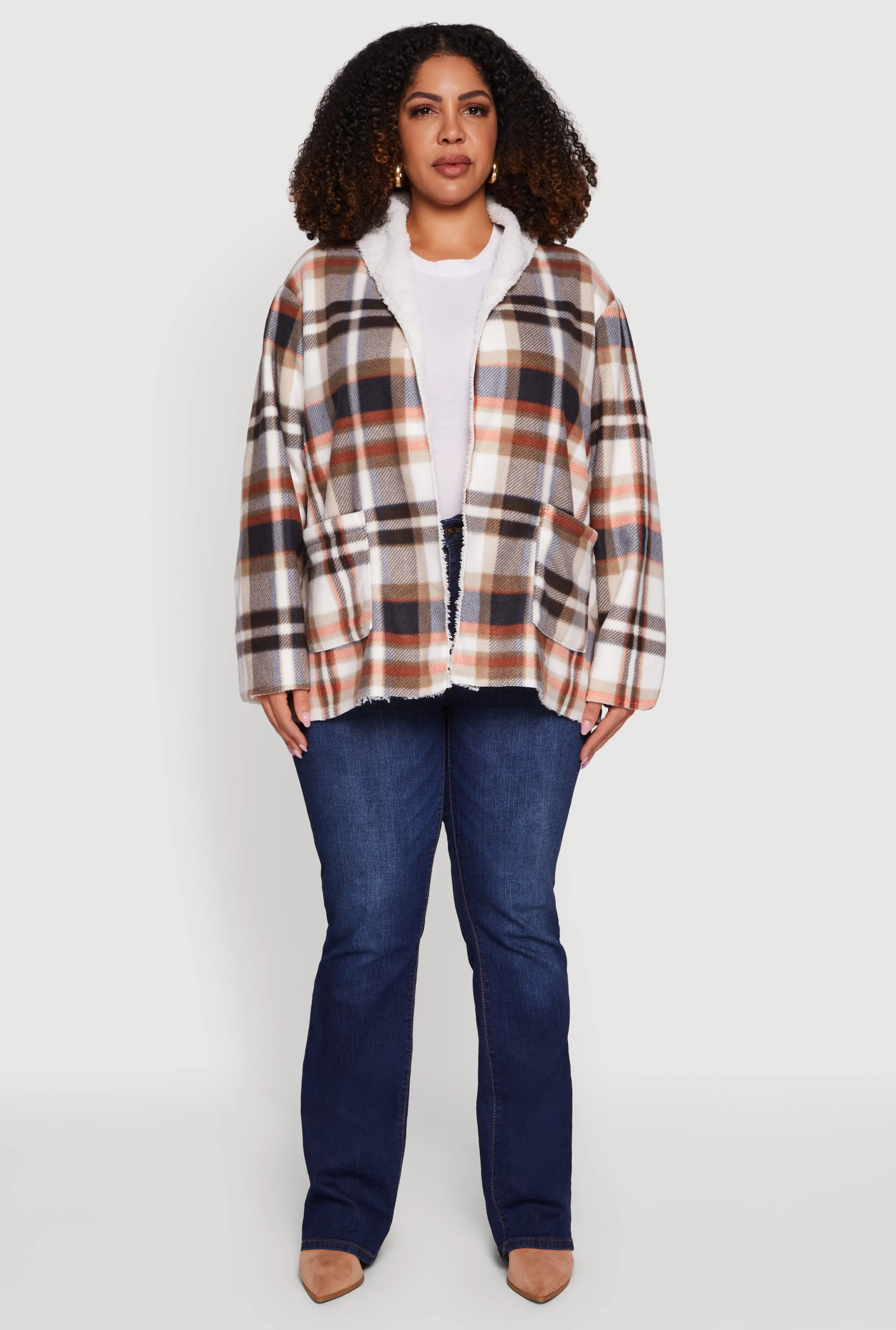 Plus Size Shawl Collar Plaid Sherpa Shacket sold by Rainbow product image thumbnail 3