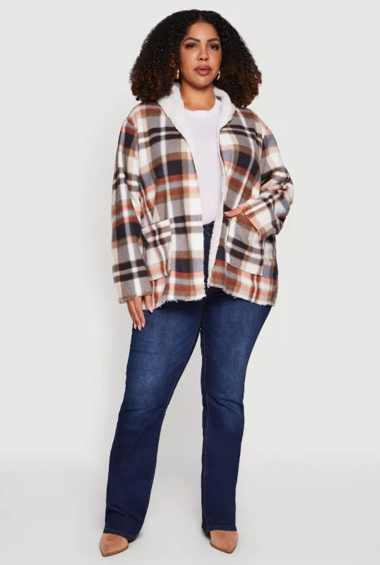 Plus Size Shawl Collar Plaid Sherpa Shacket sold by Rainbow