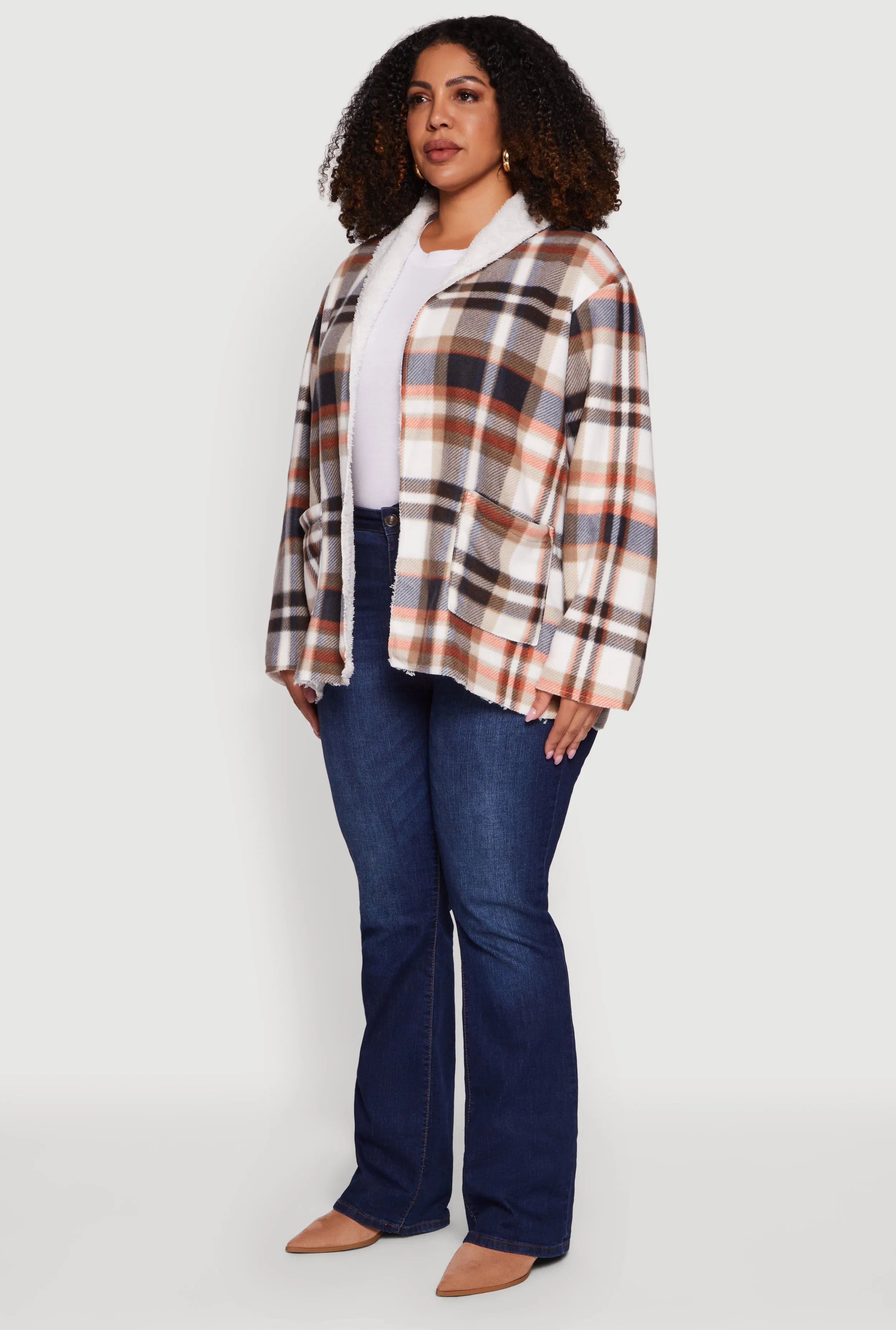 Plus Size Shawl Collar Plaid Sherpa Shacket sold by Rainbow product image thumbnail 5