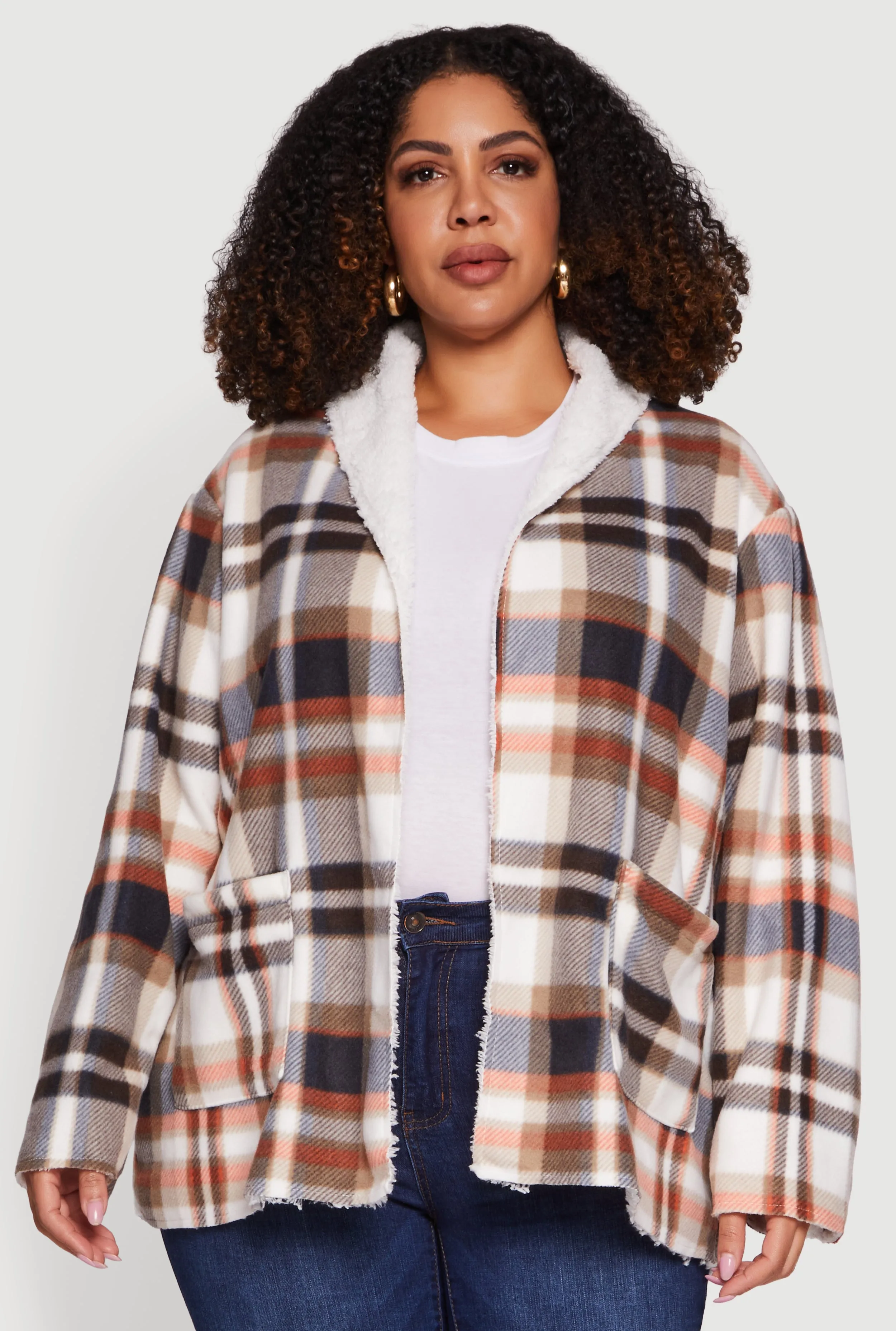 Plus Size Shawl Collar Plaid Sherpa Shacket sold by Rainbow product image thumbnail 2