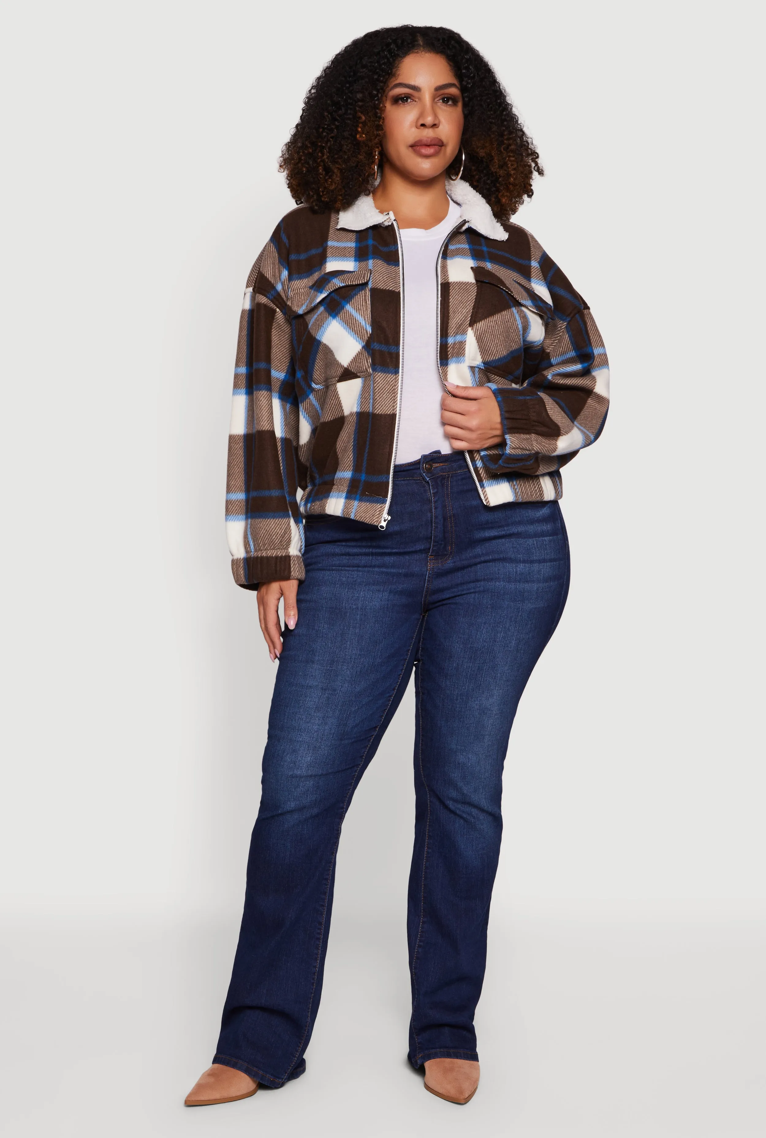 Plus Size Faux Fur Collared Plaid Zip Front Shacket sold by Rainbow