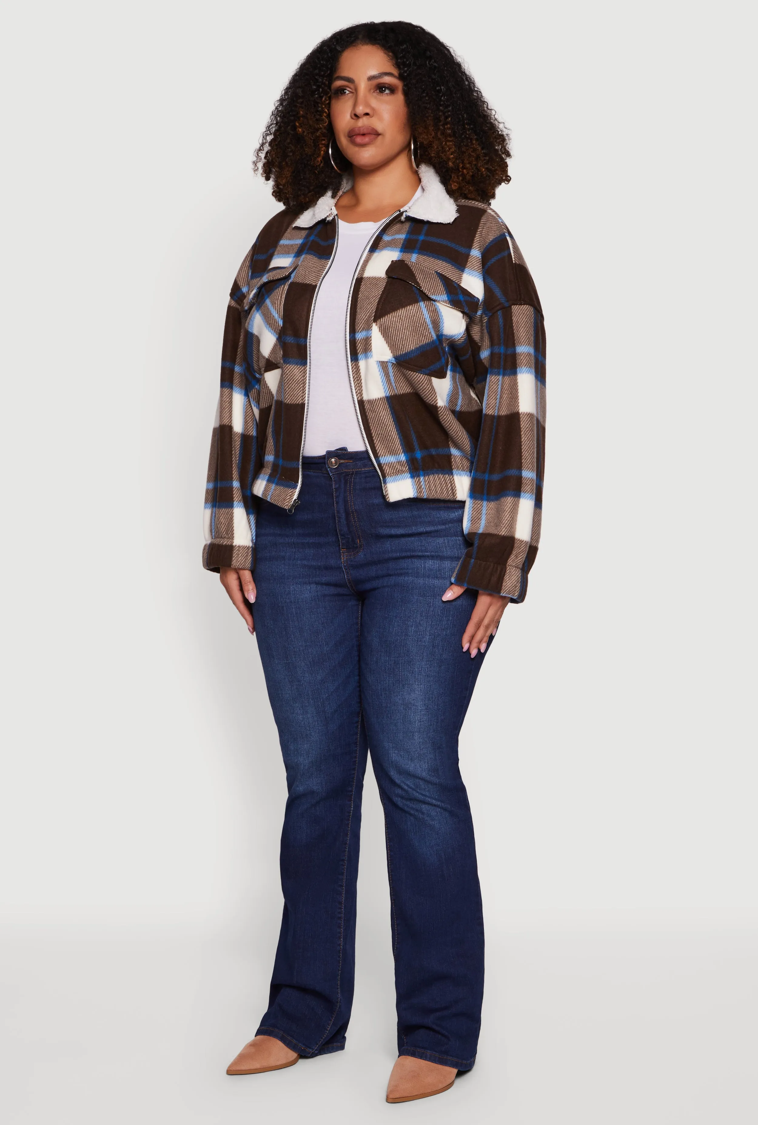 Plus Size Faux Fur Collared Plaid Zip Front Shacket sold by Rainbow product image thumbnail 5