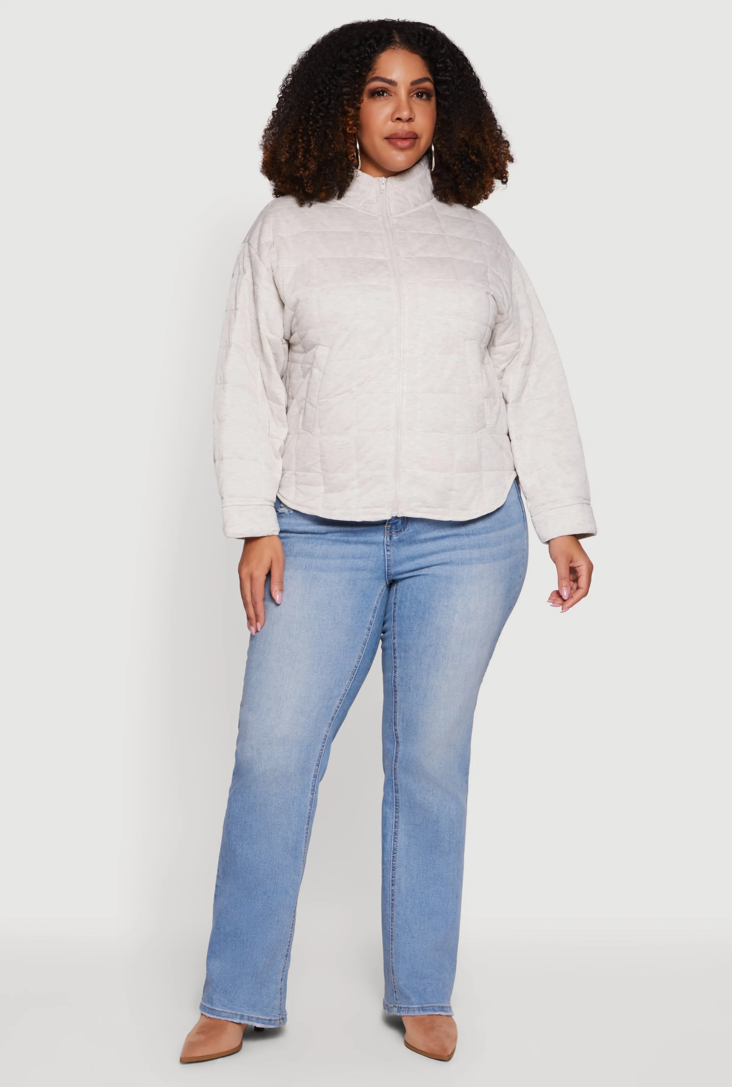 Plus Size Mock Neck Zip Front Quilted Jacket sold by Rainbow