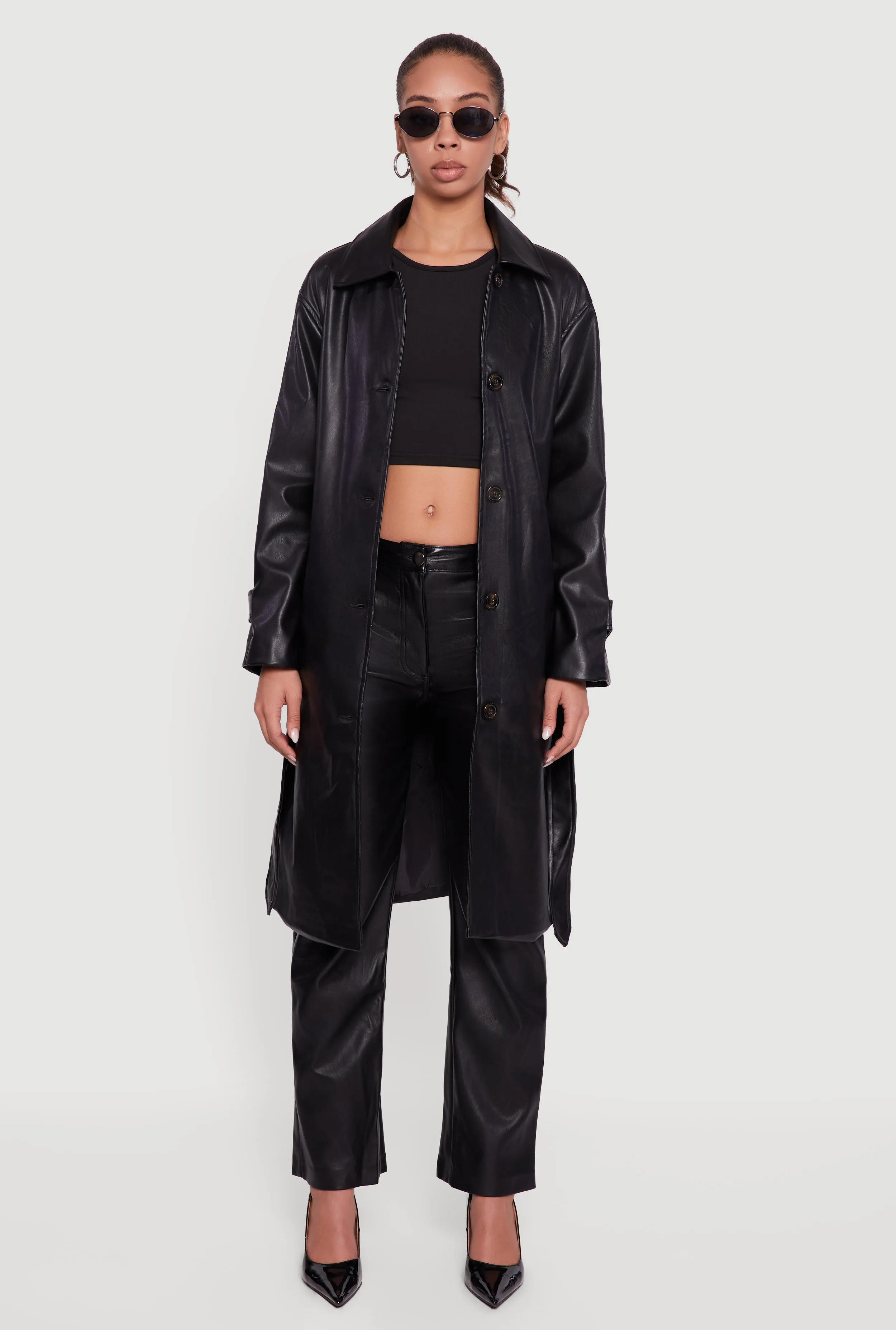 Faux Leather Button Front Trench Coat with Tie Waist Belt sold by Rainbow product image thumbnail 2