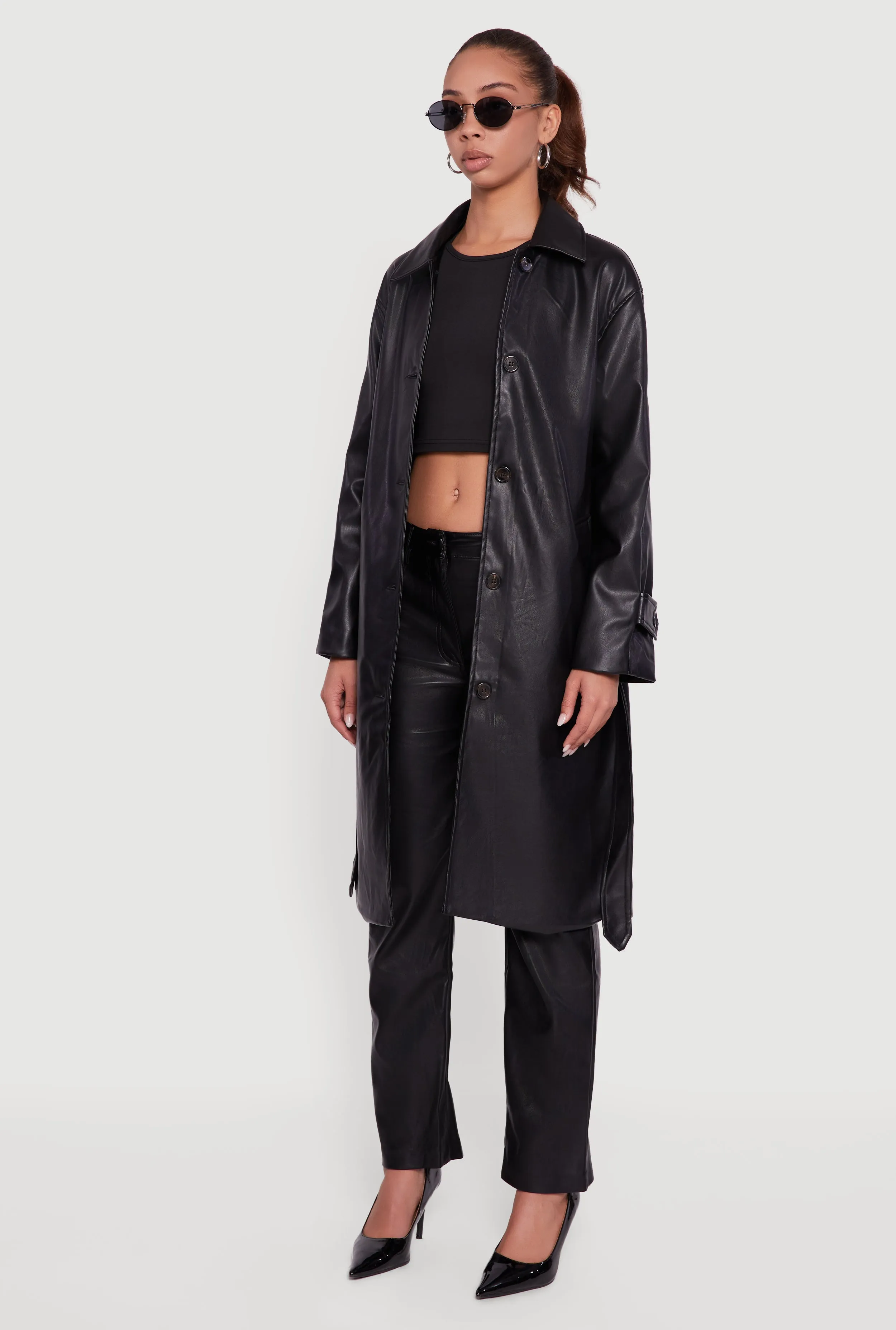 Faux Leather Button Front Trench Coat with Tie Waist Belt sold by Rainbow product image thumbnail 3