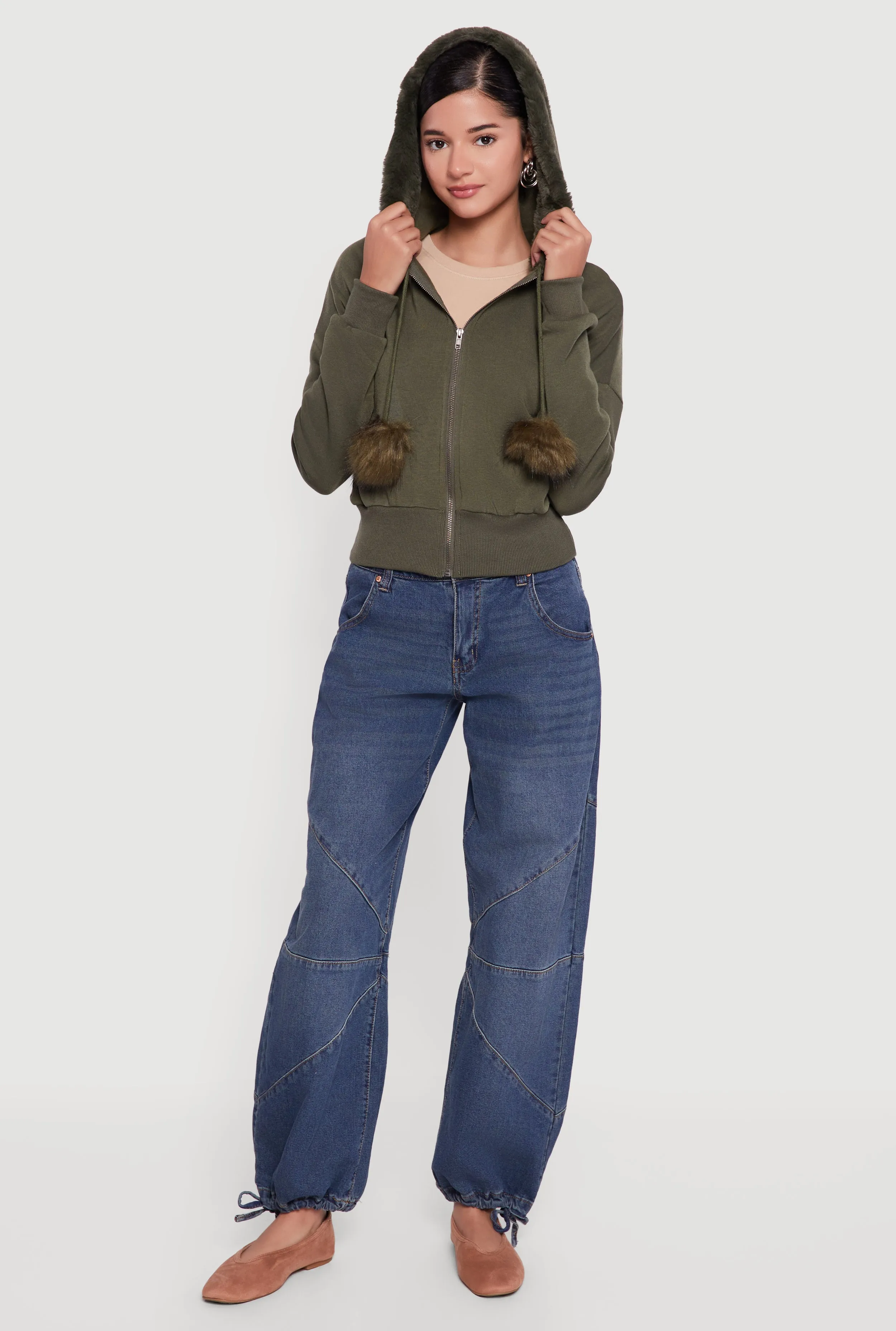 Faux Fur Trim Zip Front Hoodie with Pom Poms sold by Rainbow product image thumbnail 3