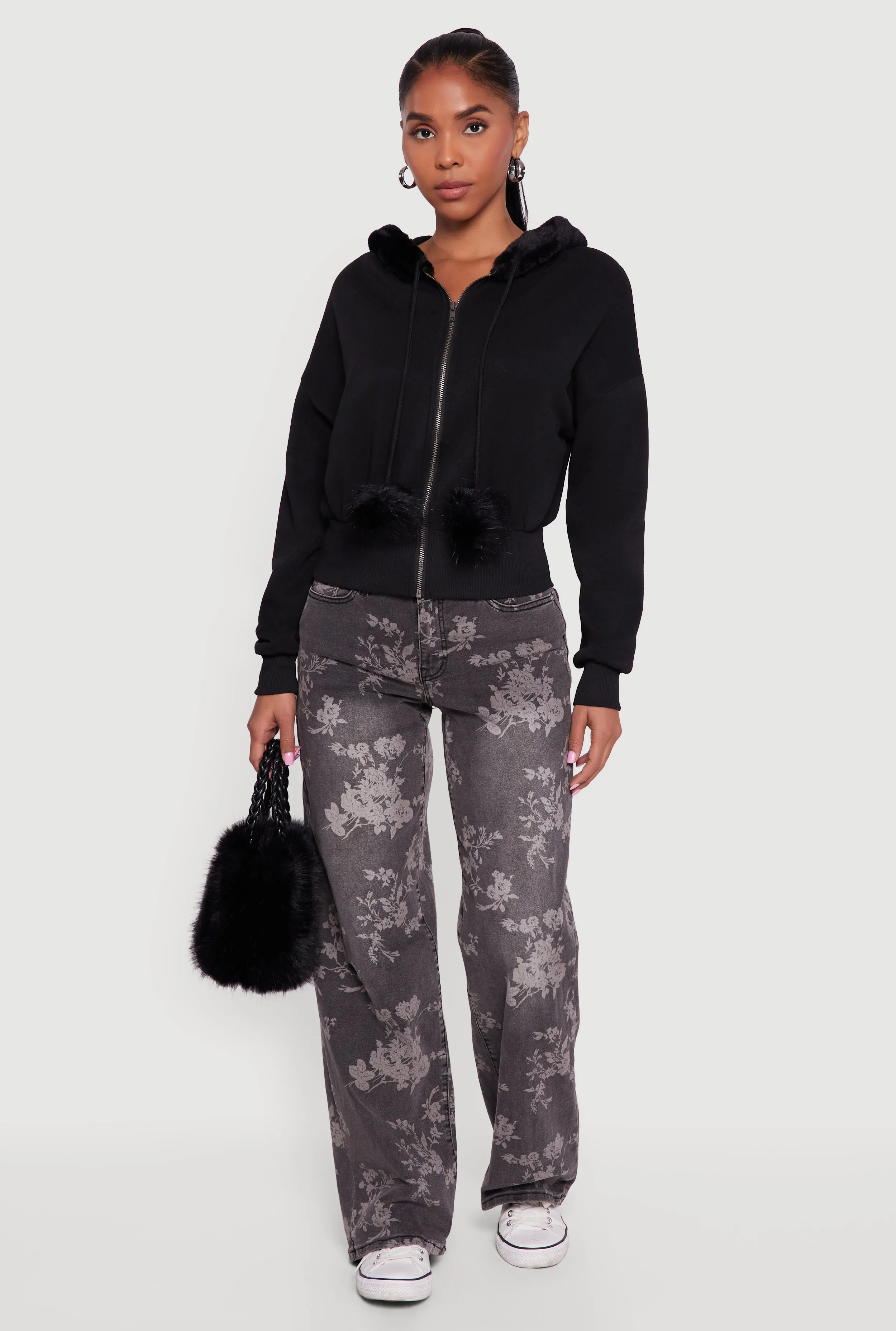 Faux Fur Trim Zip Front Hoodie with Pom Poms sold by Rainbow