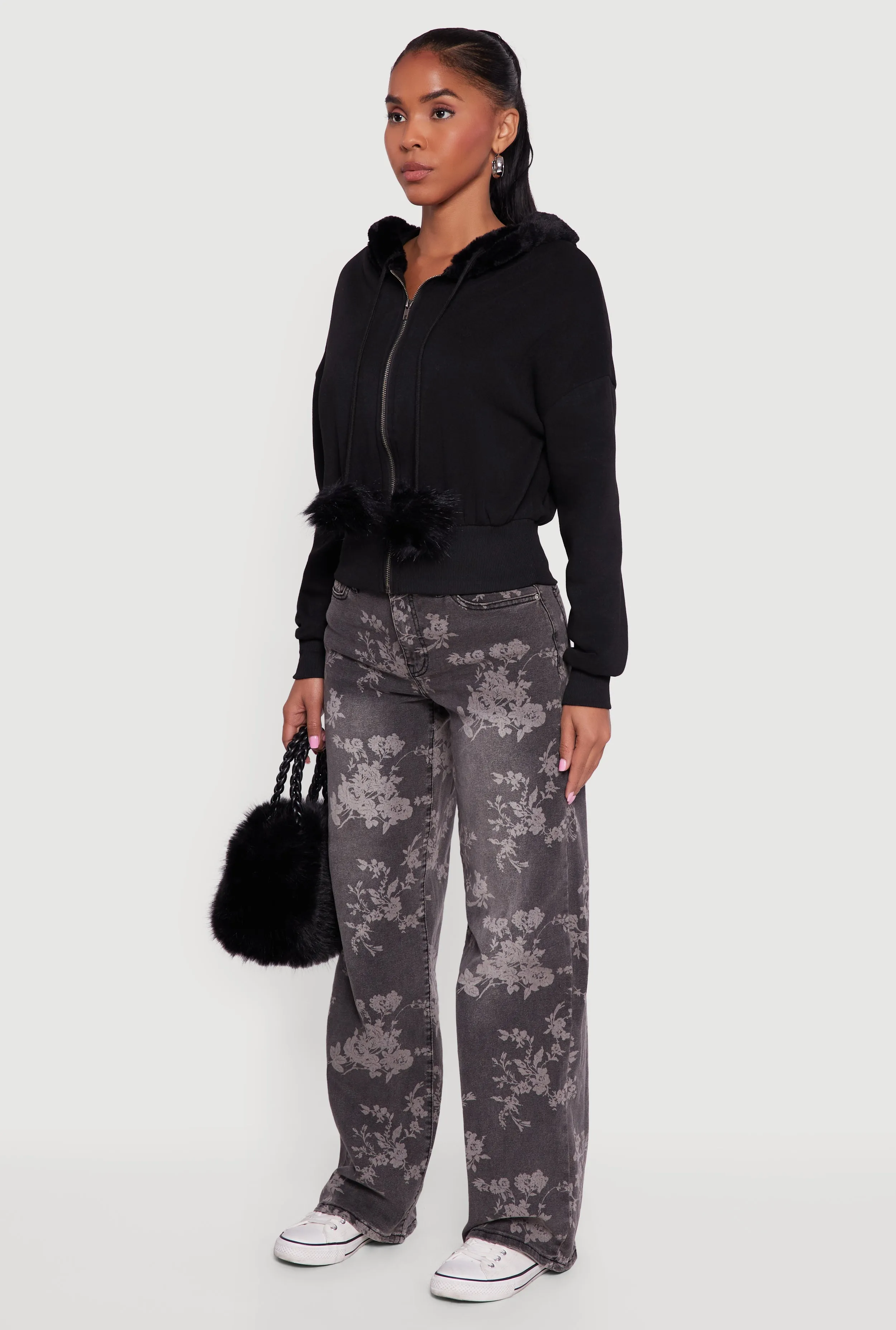 Faux Fur Trim Zip Front Hoodie with Pom Poms sold by Rainbow product image thumbnail 5