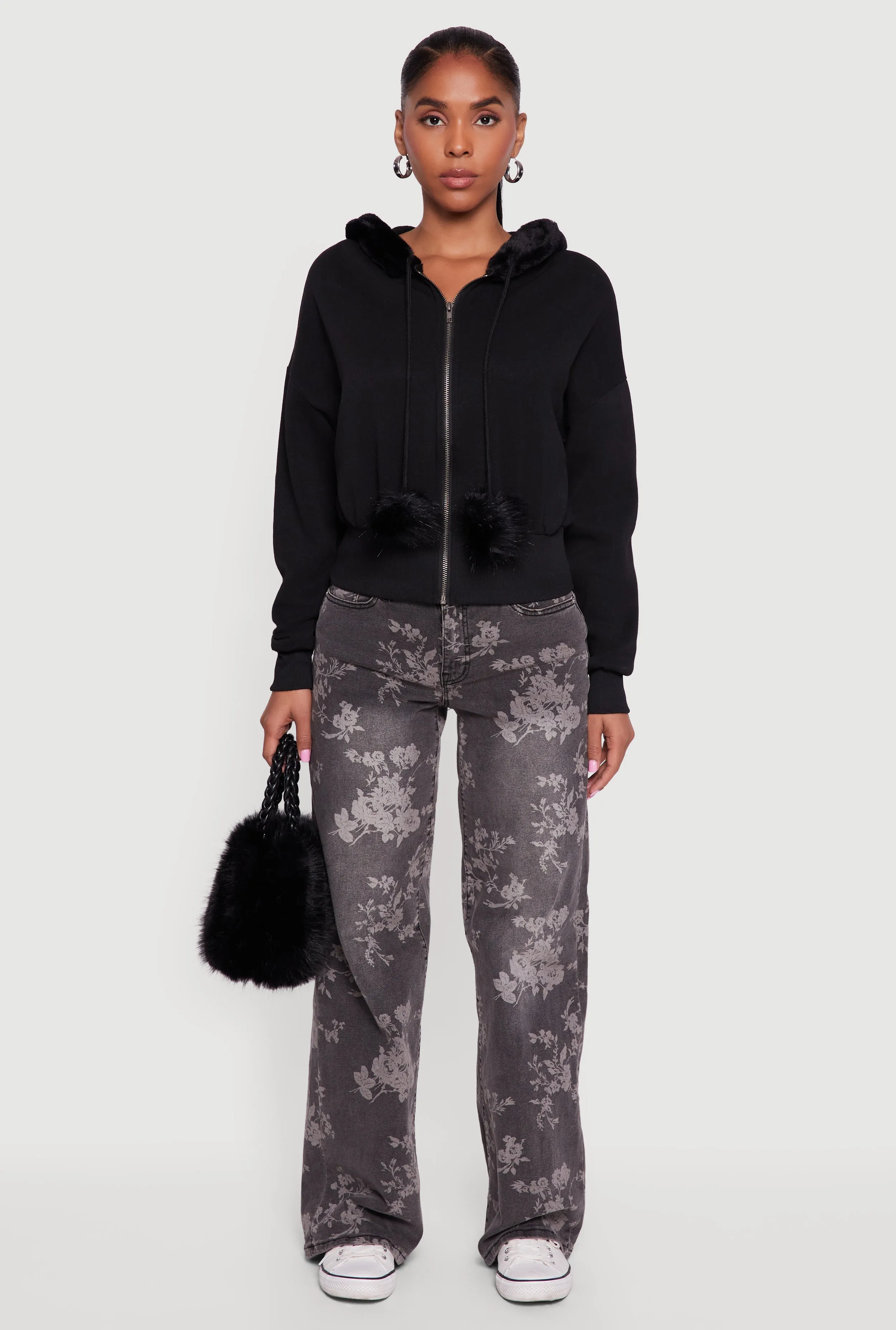 Faux Fur Trim Zip Front Hoodie with Pom Poms sold by Rainbow product image thumbnail 3