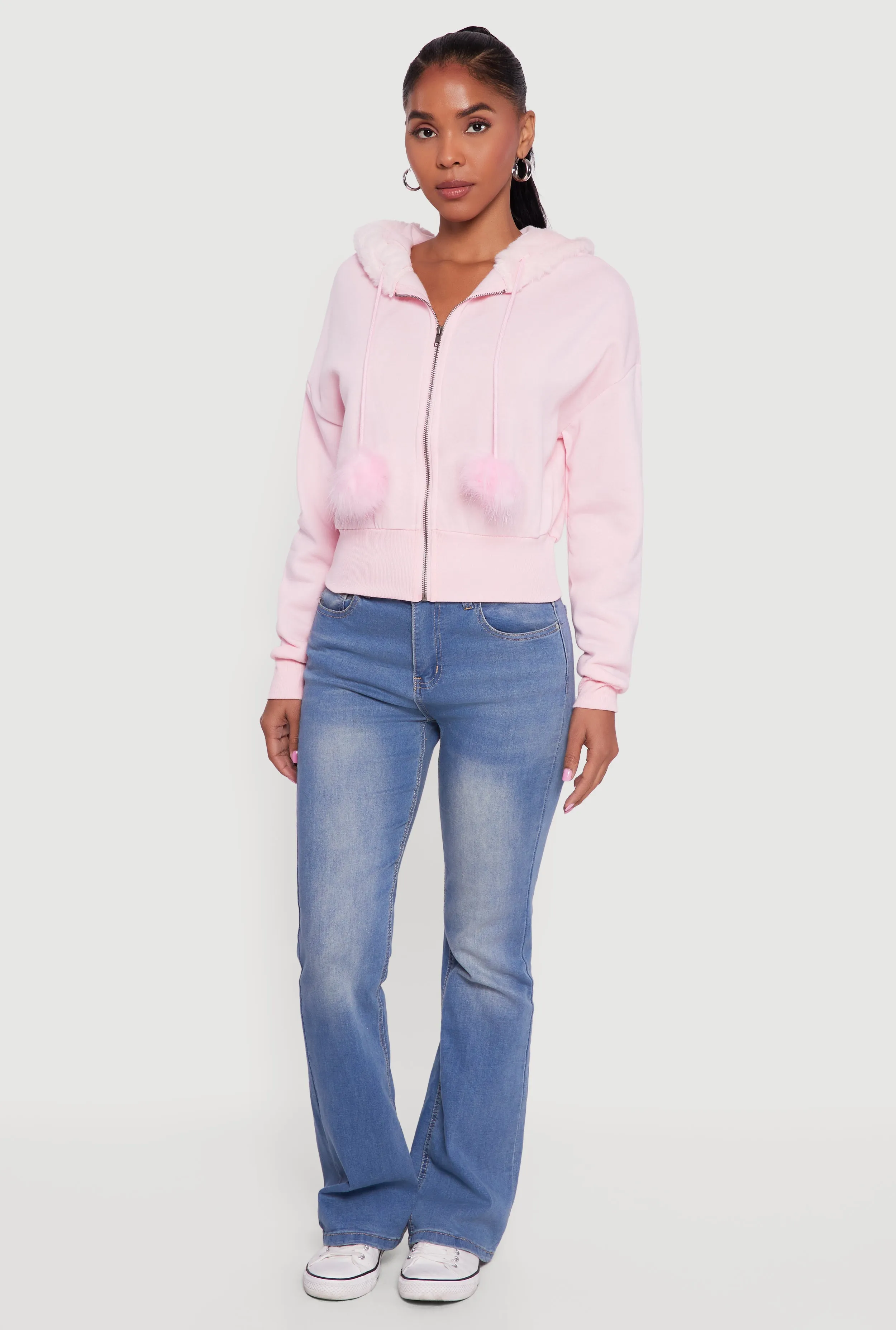 Faux Fur Trim Zip Front Hoodie with Pom Poms sold by Rainbow