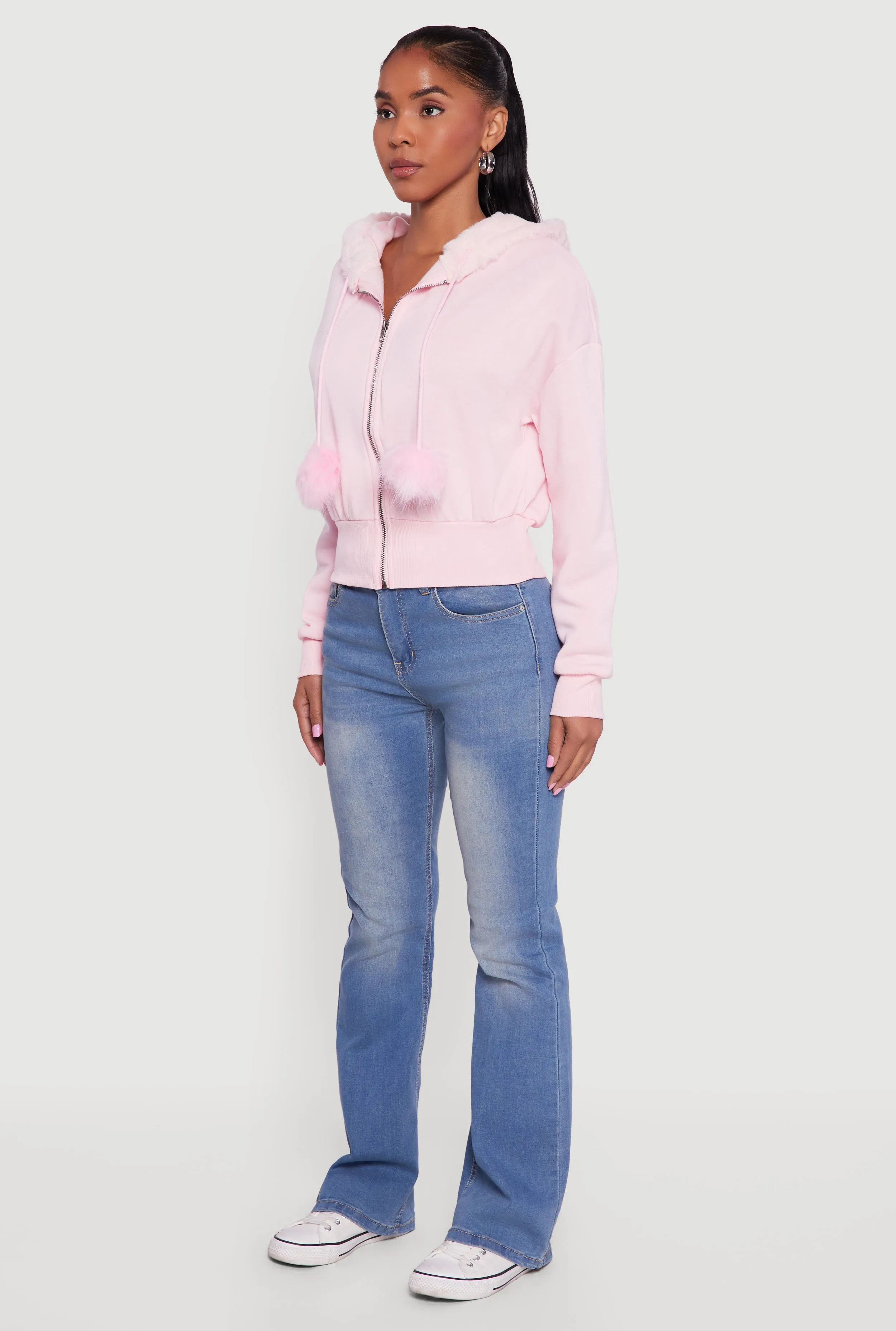 Faux Fur Trim Zip Front Hoodie with Pom Poms sold by Rainbow product image thumbnail 5