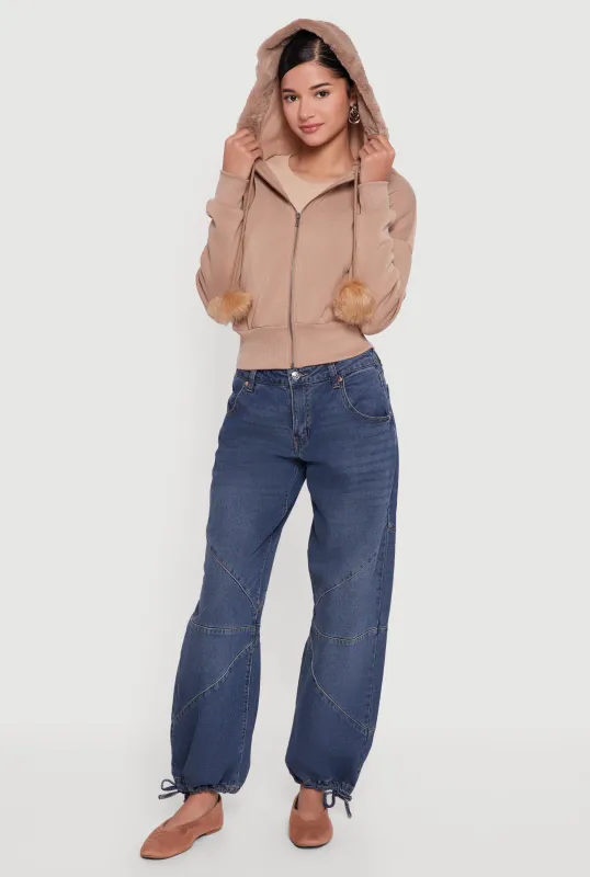 Faux Fur Trim Zip Front Hoodie with Pom Poms sold by Rainbow