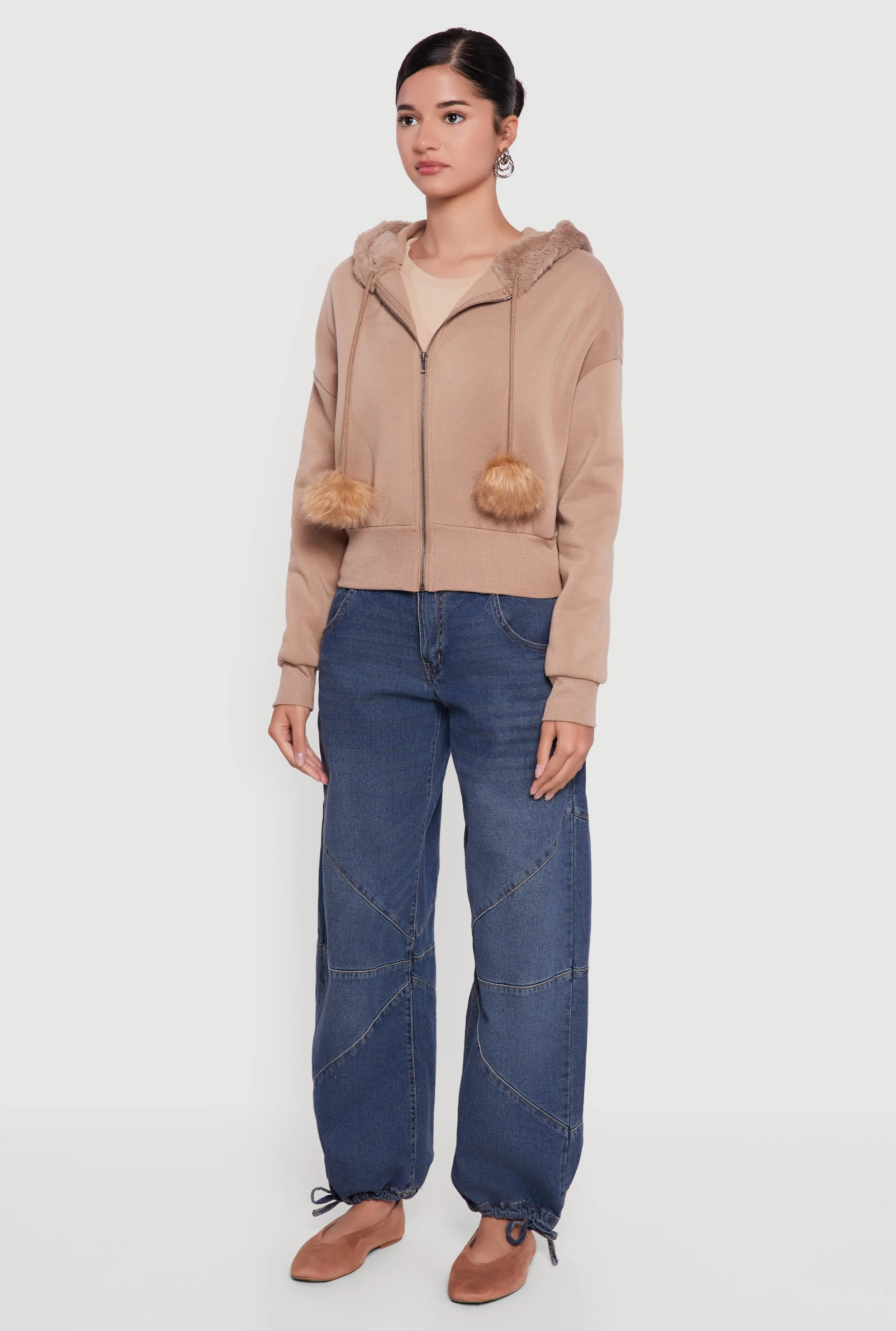 Faux Fur Trim Zip Front Hoodie with Pom Poms sold by Rainbow product image thumbnail 5