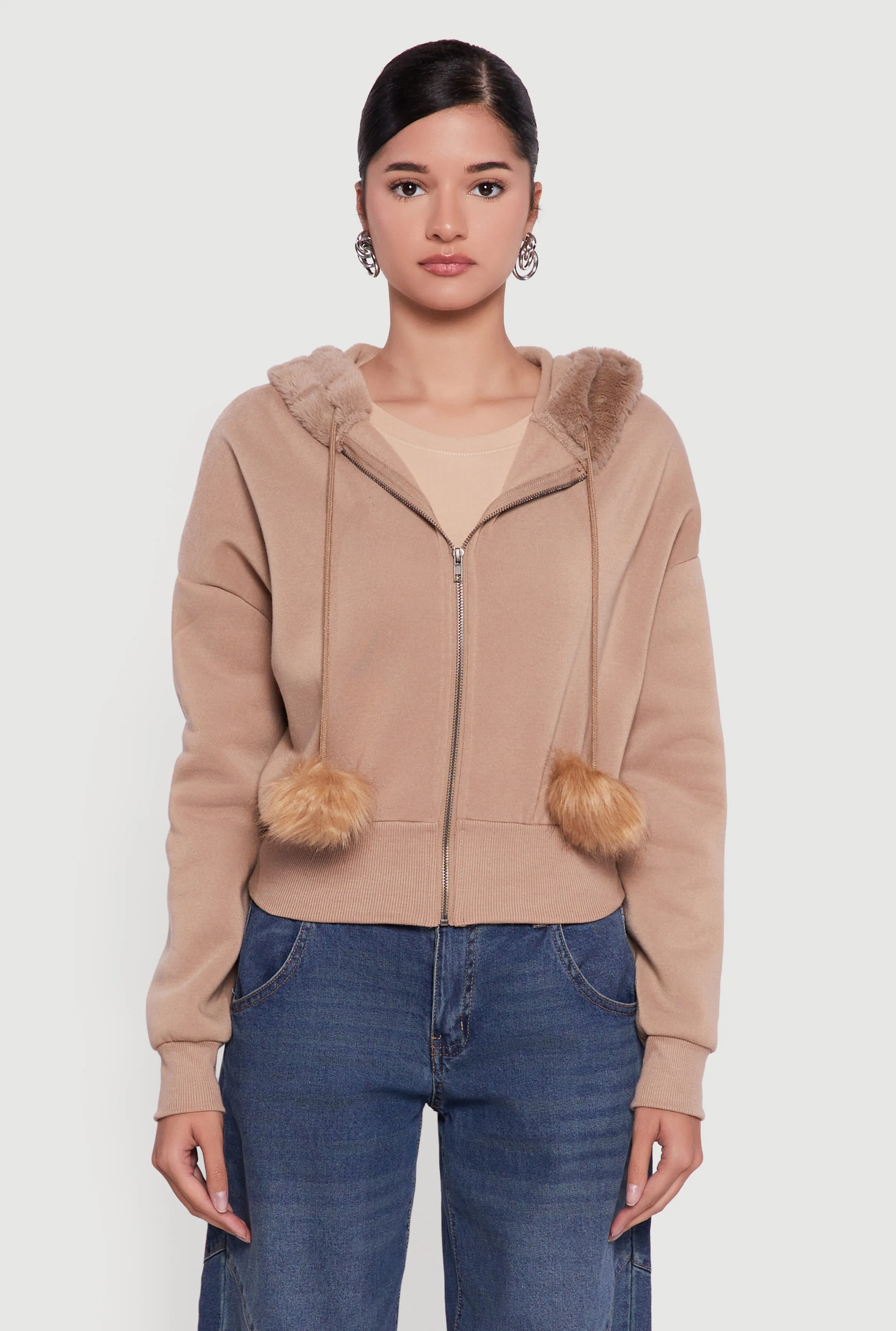 Faux Fur Trim Zip Front Hoodie with Pom Poms sold by Rainbow product image thumbnail 2