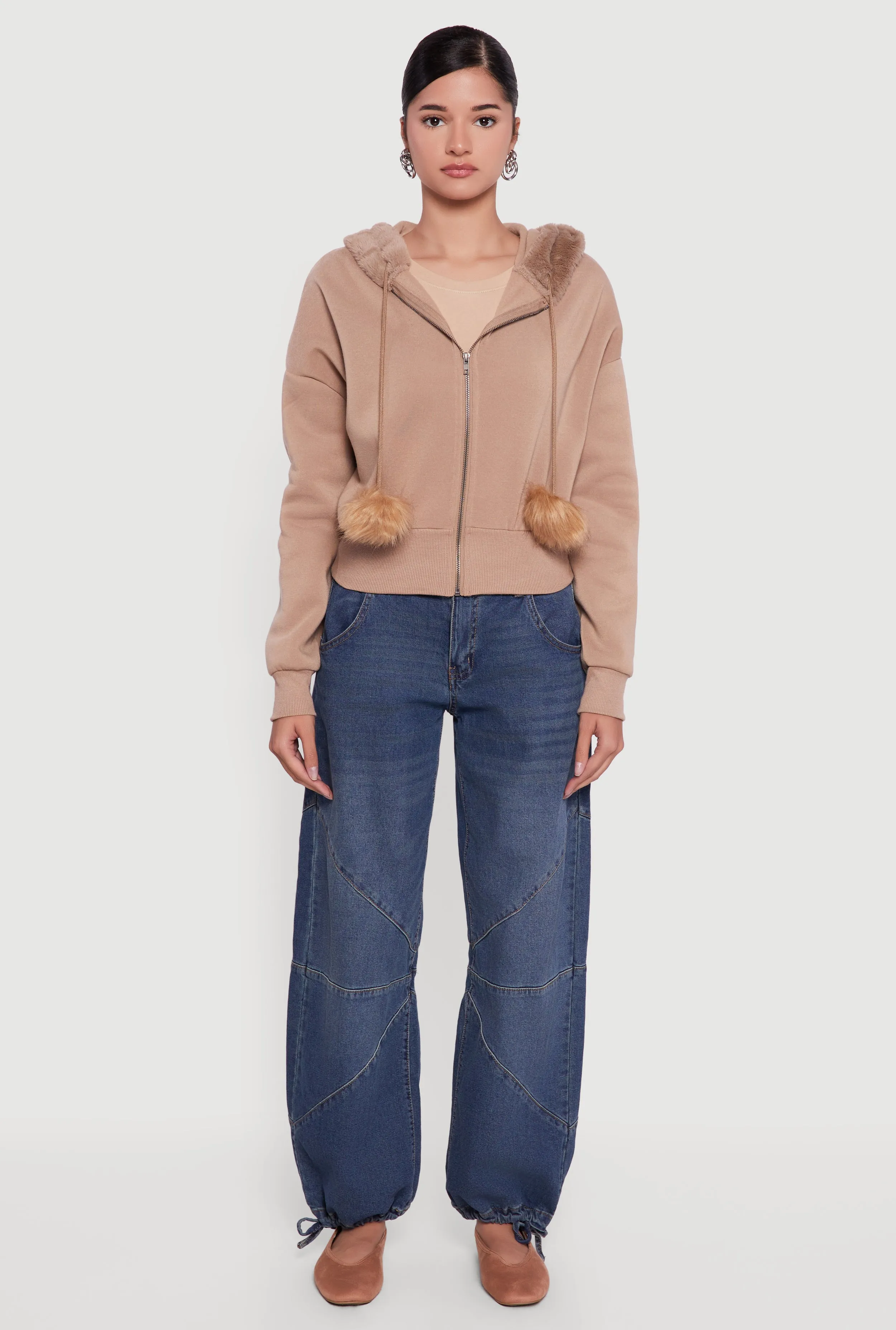 Faux Fur Trim Zip Front Hoodie with Pom Poms sold by Rainbow product image thumbnail 3