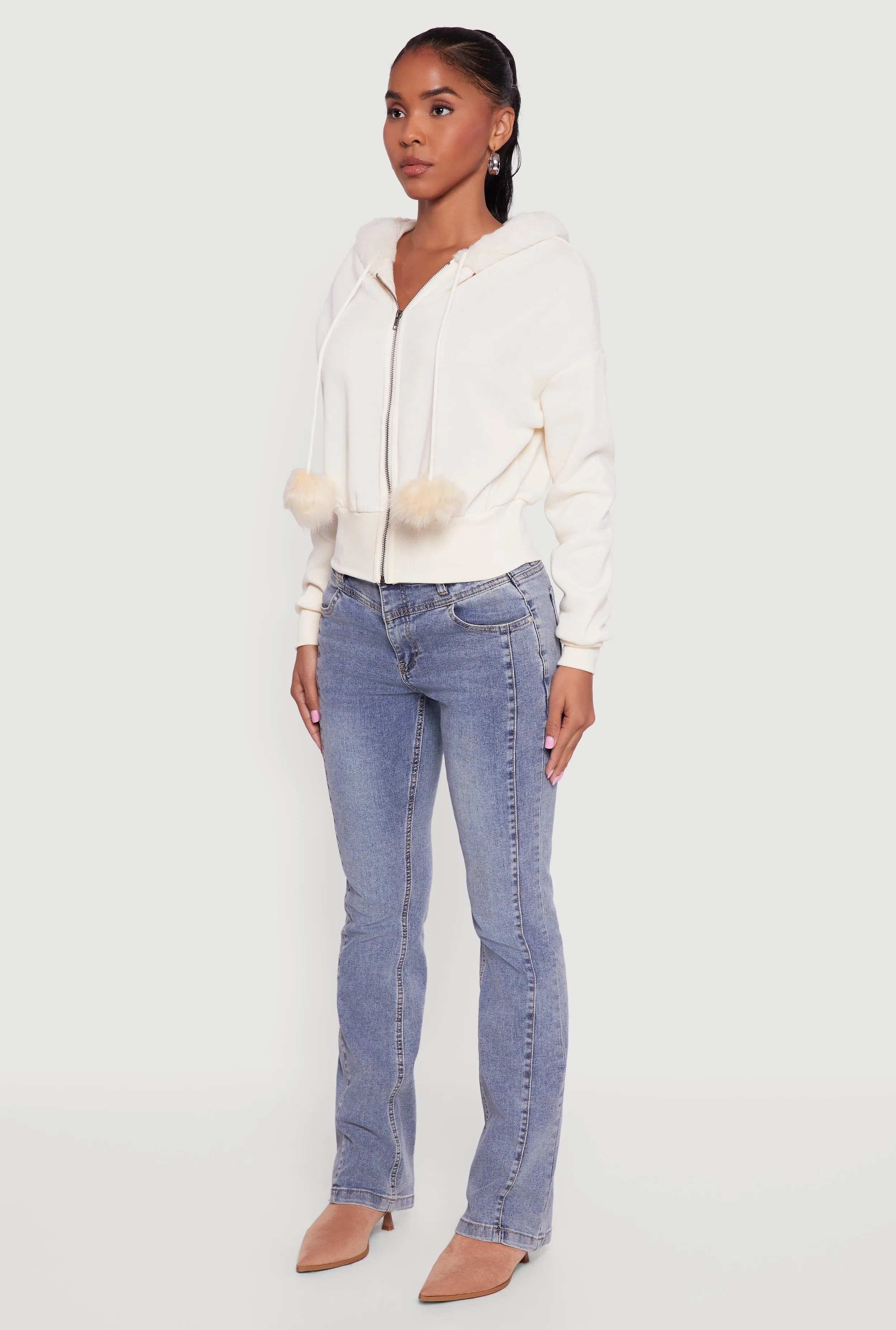 Faux Fur Trim Zip Front Hoodie with Pom Poms sold by Rainbow product image thumbnail 5