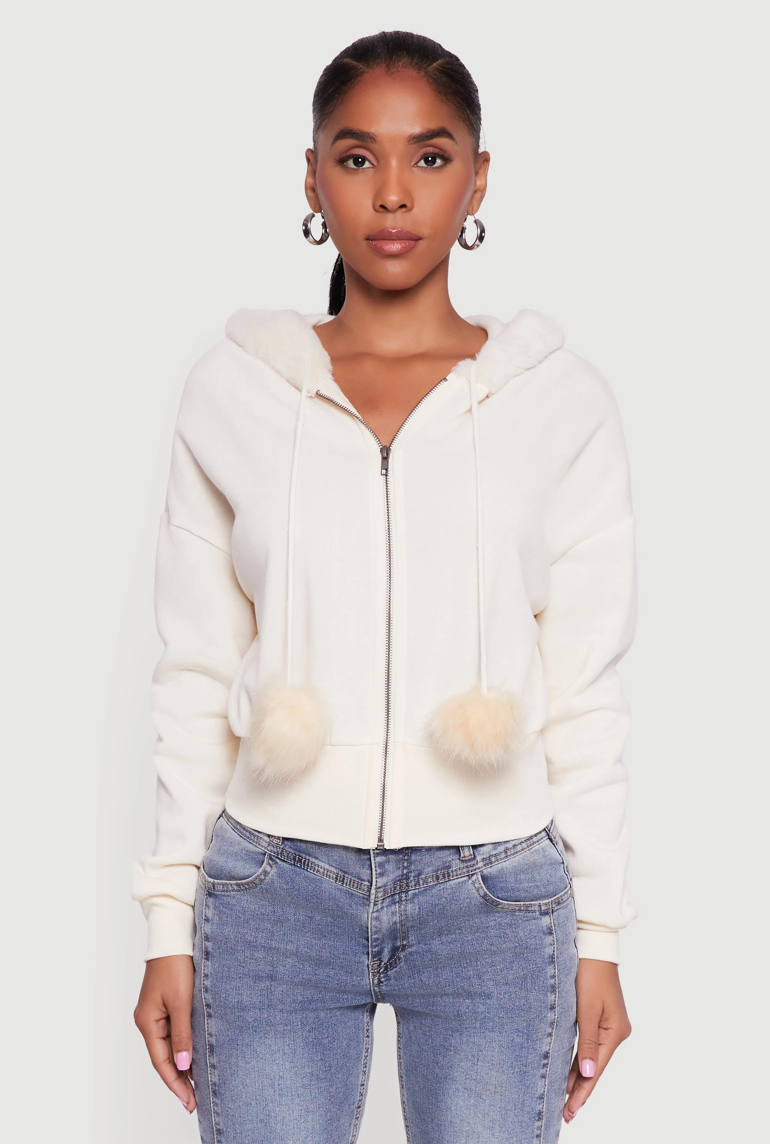 Faux Fur Trim Zip Front Hoodie with Pom Poms sold by Rainbow product image thumbnail 2