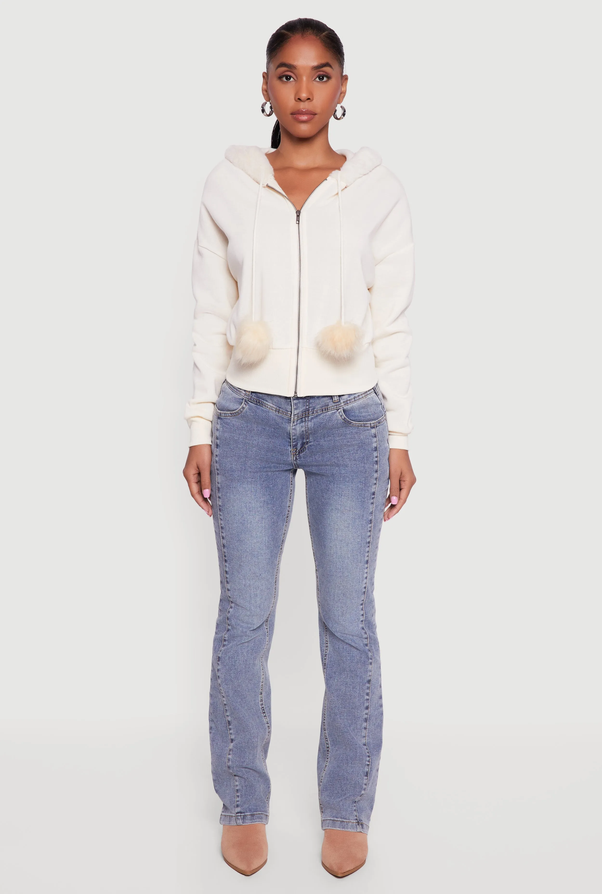 Faux Fur Trim Zip Front Hoodie with Pom Poms sold by Rainbow product image thumbnail 3