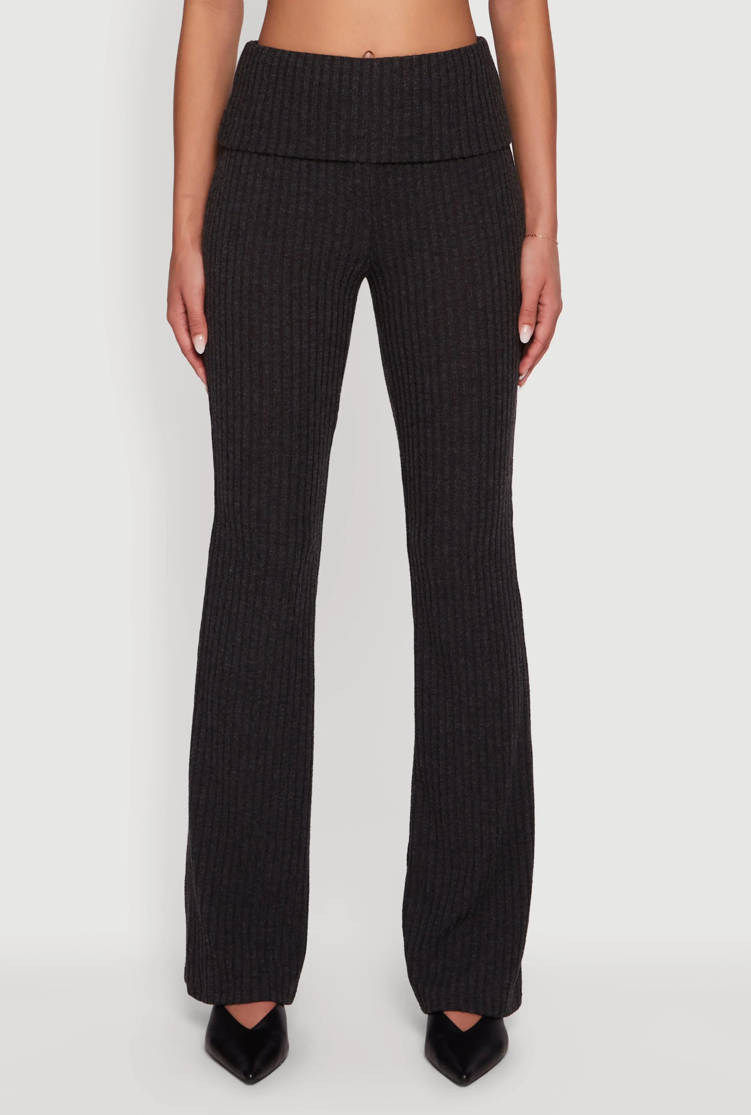 Fold Over High Waisted Flare Leg Ribbed Knit Pants sold by Rainbow product image thumbnail 3