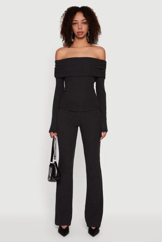 Fold Over High Waisted Flare Leg Ribbed Knit Pants sold by Rainbow