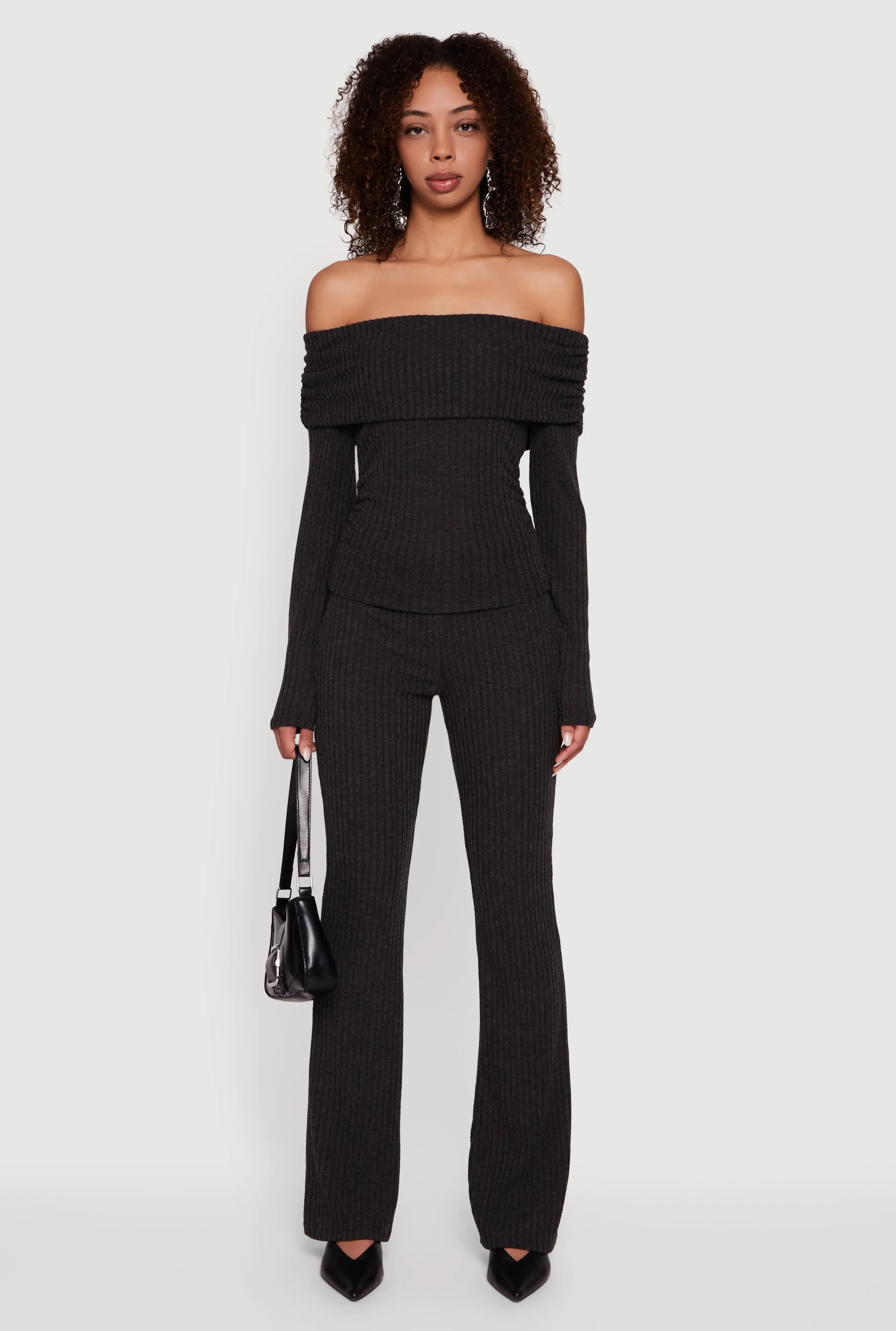 Fold Over High Waisted Flare Leg Ribbed Knit Pants sold by Rainbow